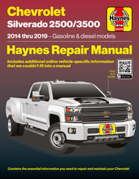 Haynes repair manual cover for Chevrolet Silverado 2500/3500 2014-2019 with a white truck on a dark background