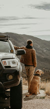 Man and his dog looking at the view. Toyota parked roadside.