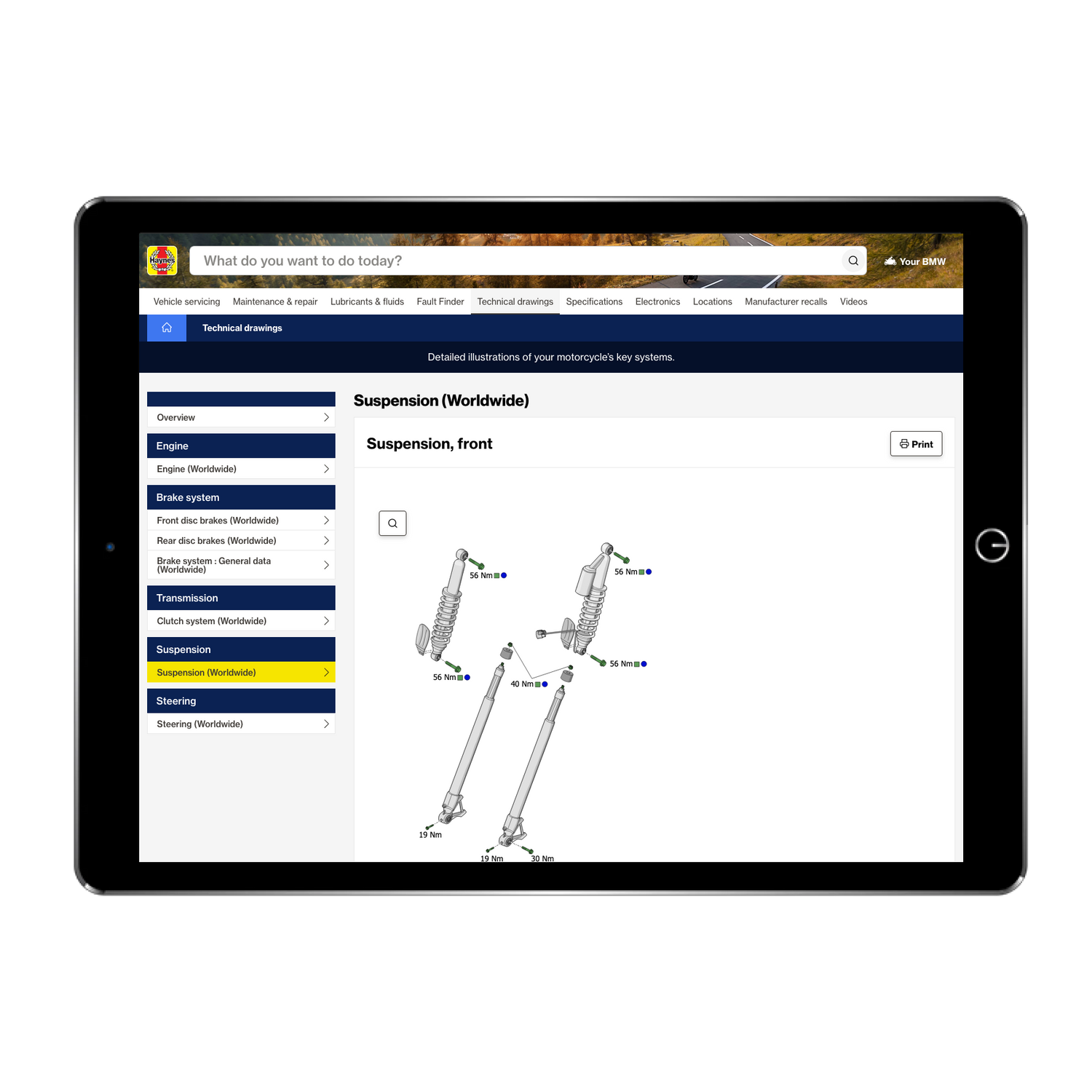 Tablet displaying a technical illustration of motorcycle suspension on a white background