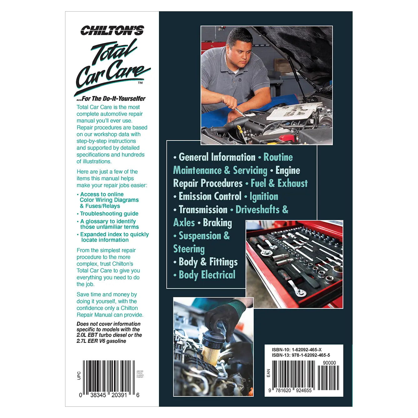 Back cover of a Chilton's Total Car Care manual with text and images of a person working on a car engine.