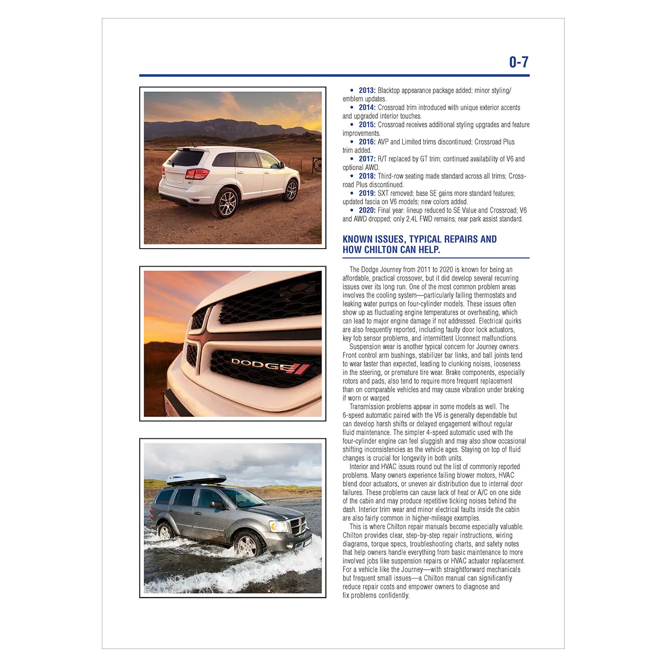Page from a manual or guide featuring images of Dodge vehicles and text.