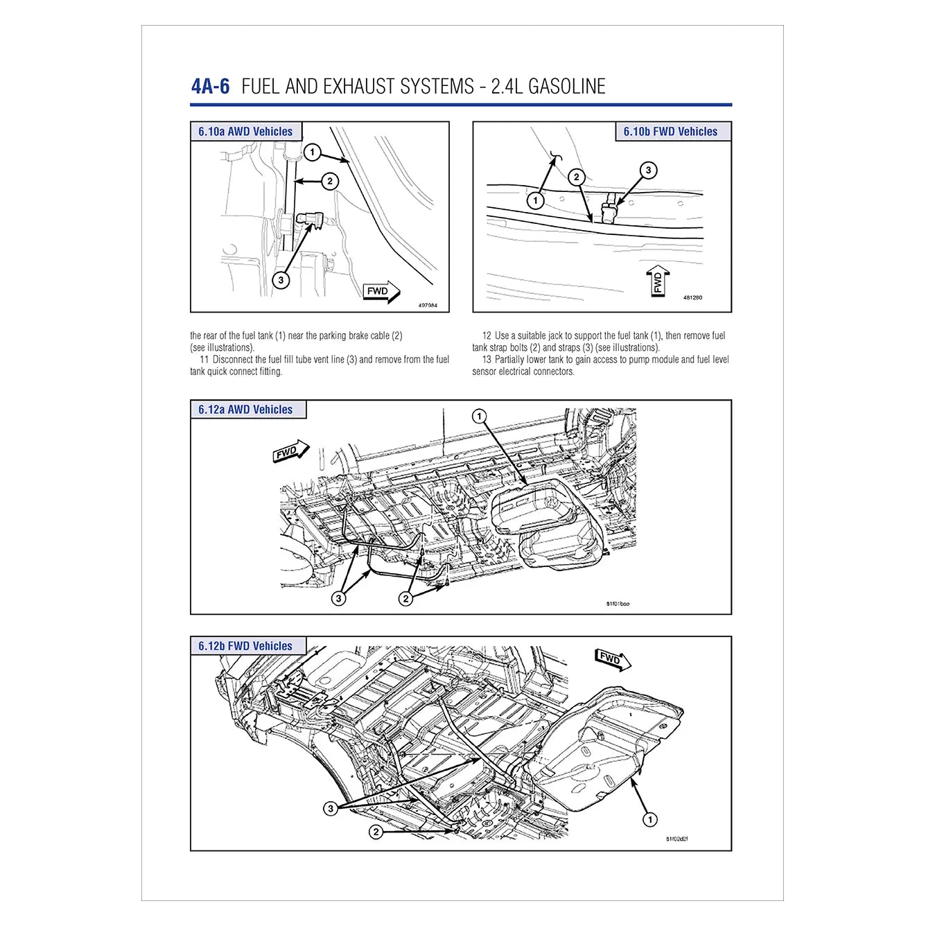 Technical diagram of fuel and exhaust systems for a 2.4L gasoline engine on a white background.