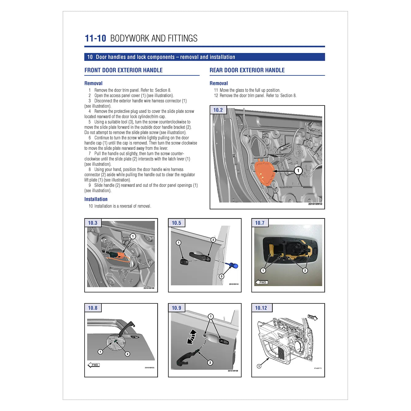 Technical manual page with step-by-step instructions on removing and installing car door handles.