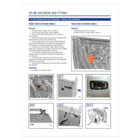 Technical manual page with step-by-step instructions on removing and installing car door handles.