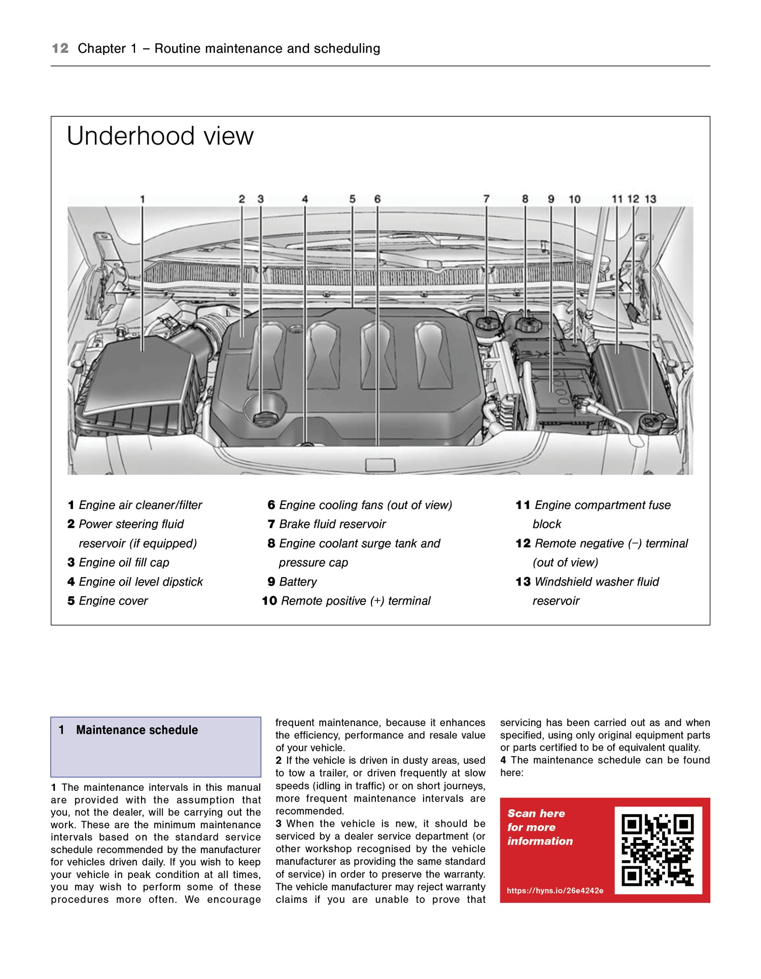 Technical diagram of a vehicle's underhood components with labels and a QR code for more information from the Cadillac XTS 2013-2019 Haynes Repair Manual 