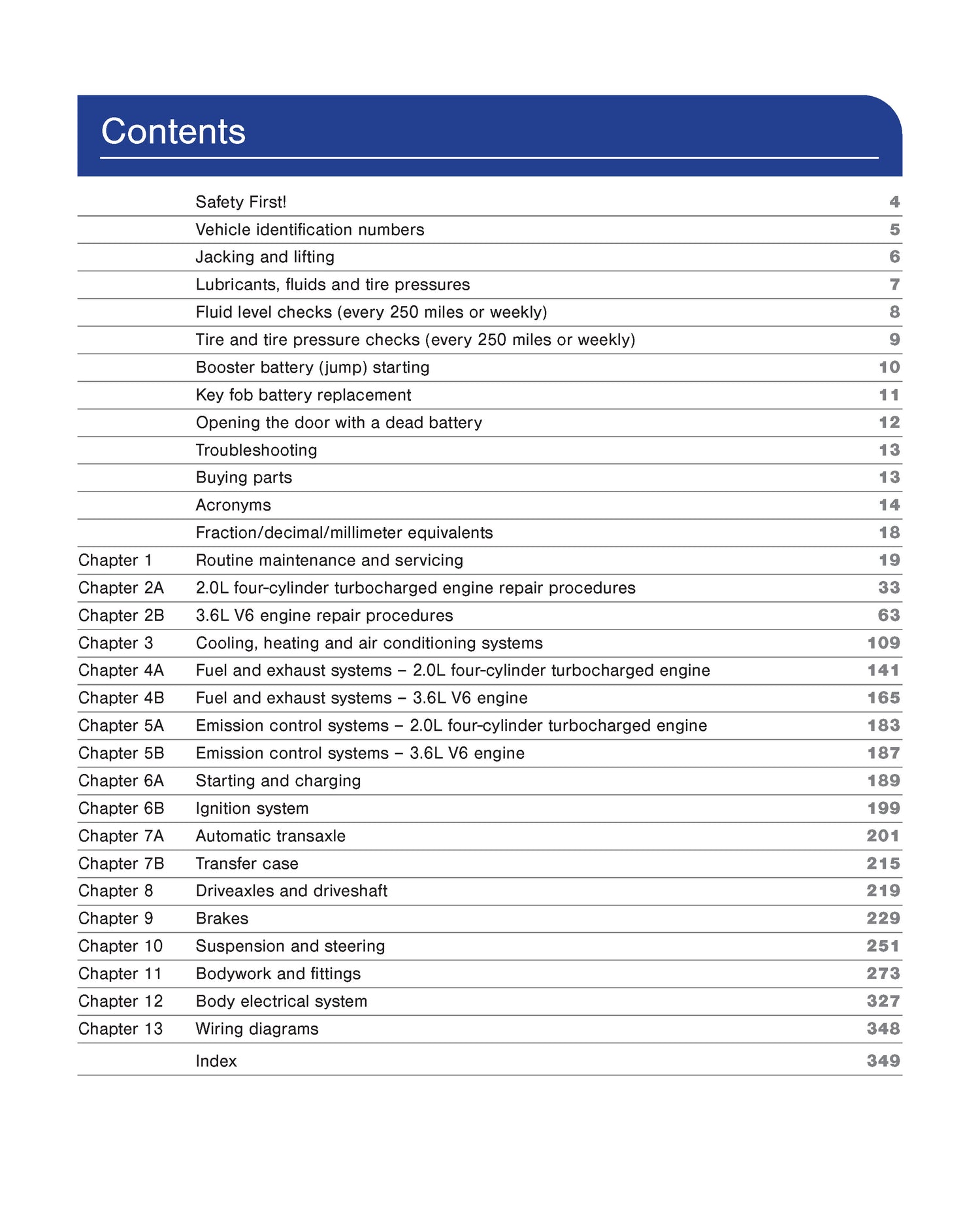 Contents page for the Cadillac XT5 Haynes Manual