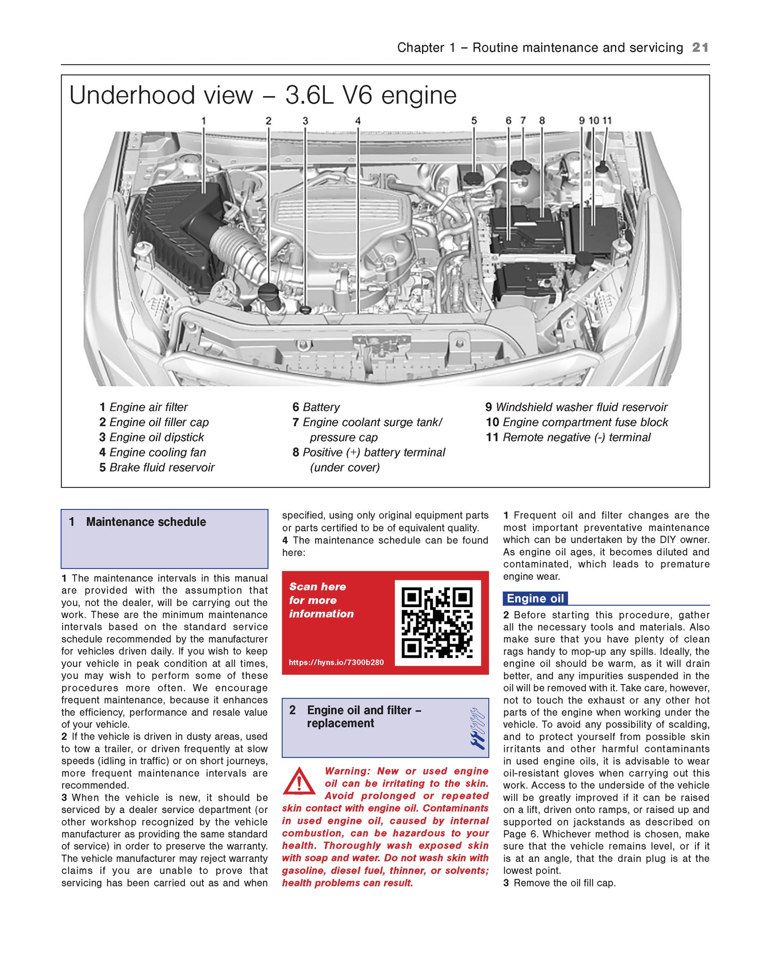 Technical diagram of a 3.6L V6 engine underhood view with text and QR code on a white background.