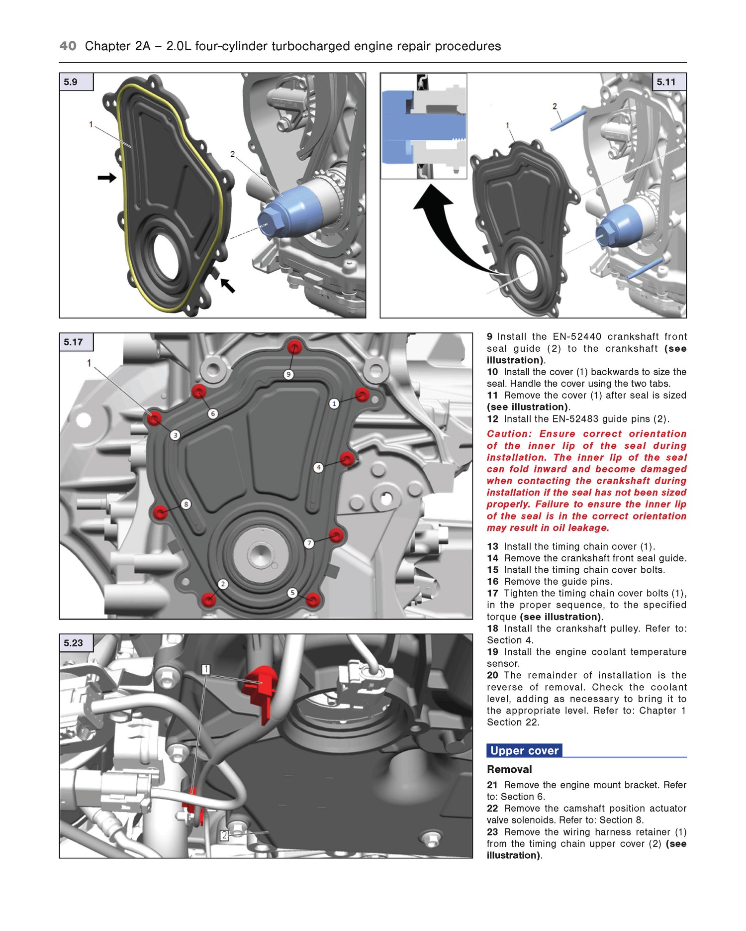 Technical diagram of engine repair procedures with labeled parts and steps.