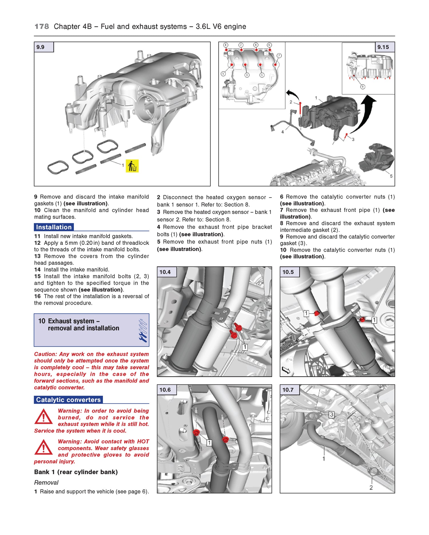 Technical diagram of a fuel and exhaust system for a 3.6L V6 engine, showing step-by-step instructions.