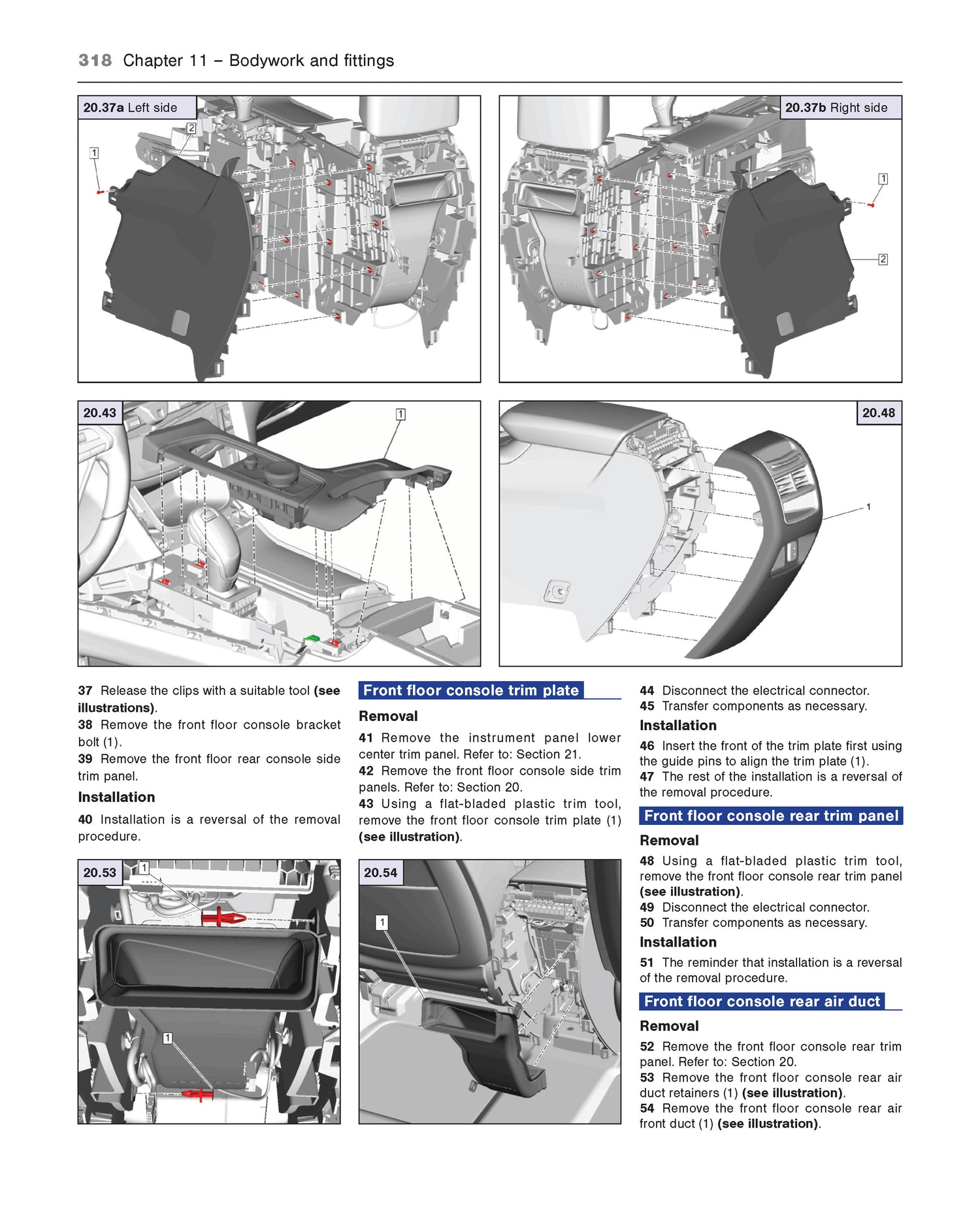 Technical diagram of a car's front floor console removal process with labeled steps.