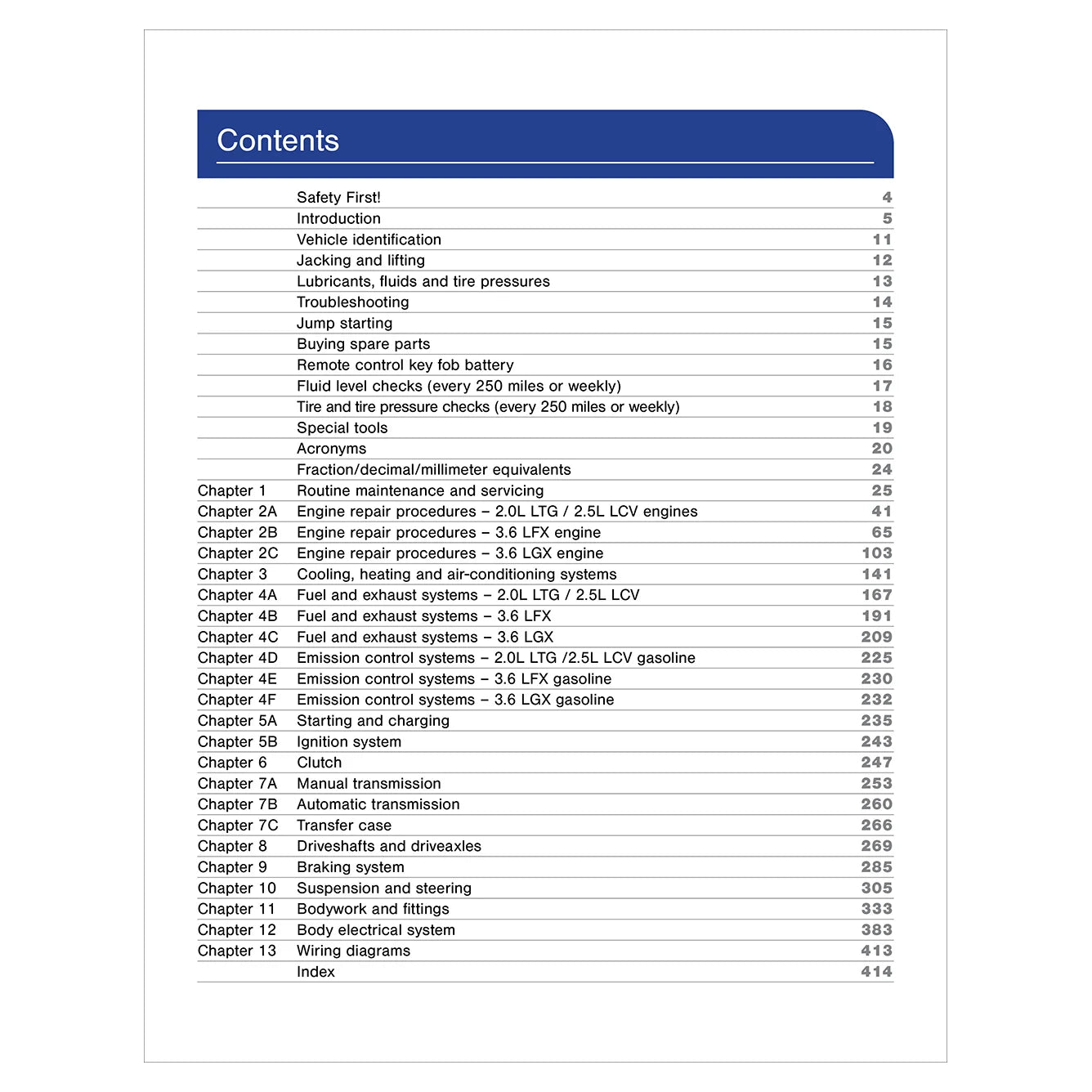Table of contents for a manual or book on vehicle maintenance with a white background.
