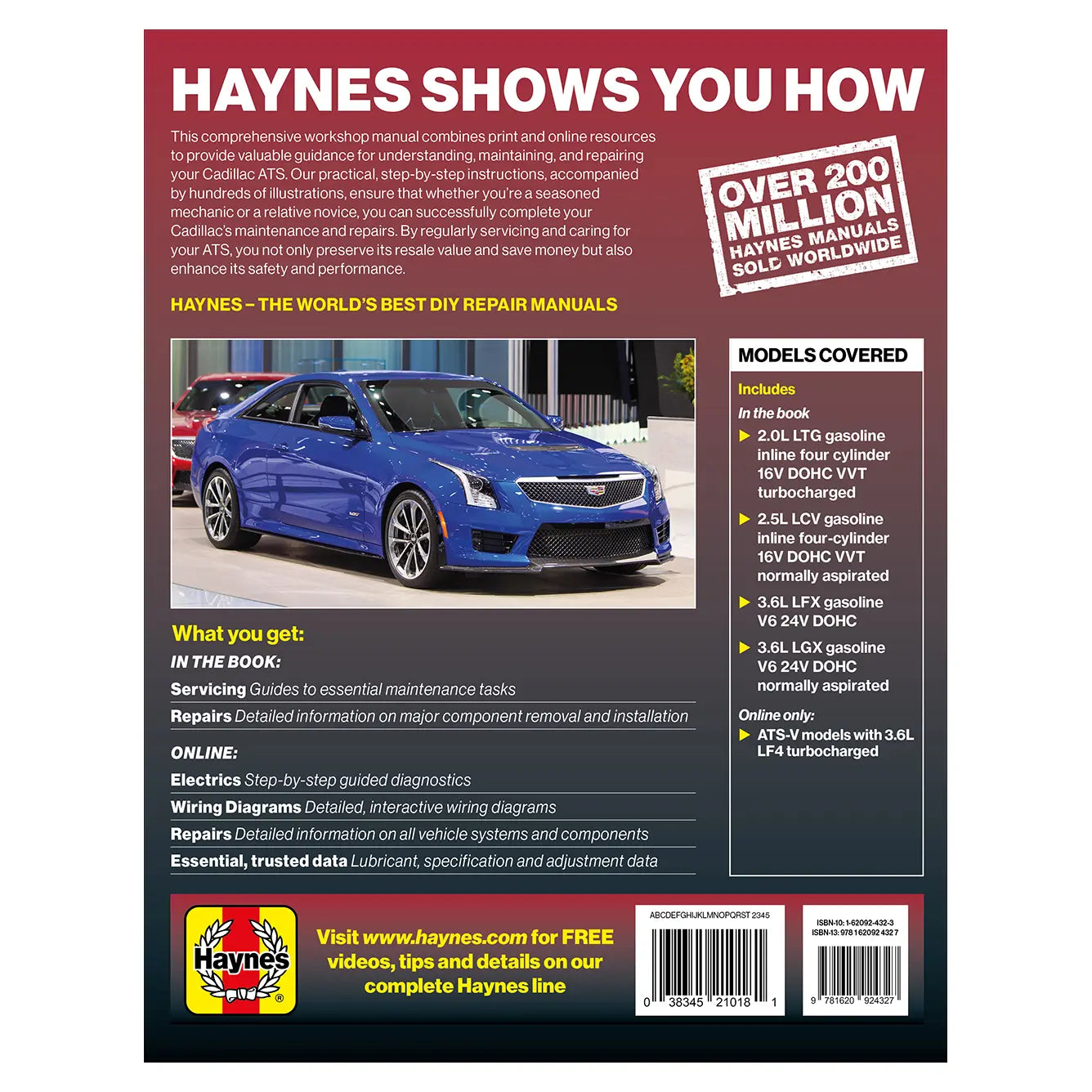 Back cover of a Haynes automotive repair manual with a blue car and promotional text.