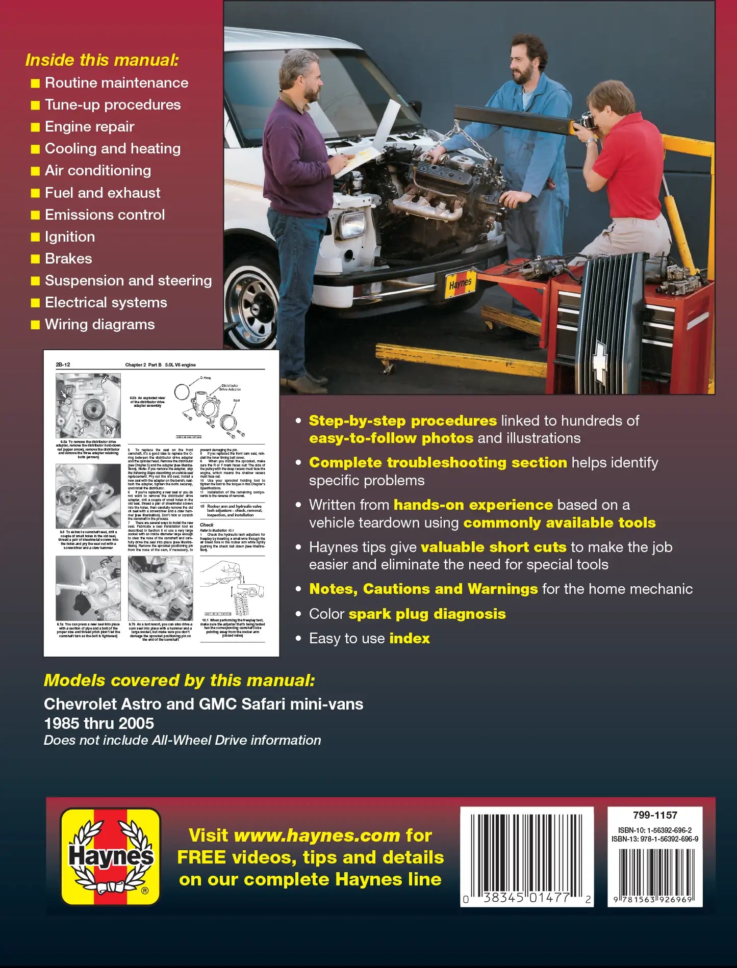 Back cover of a Haynes manual with text and images of people working on a vehicle.