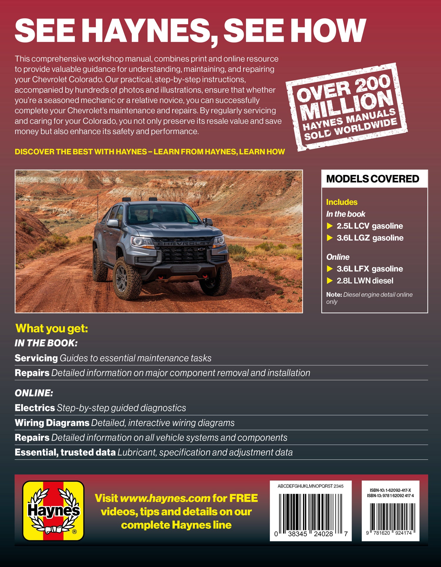 Rear cover of a Haynes repair manual for the Chevrolet Colorado 2015 thru 2022