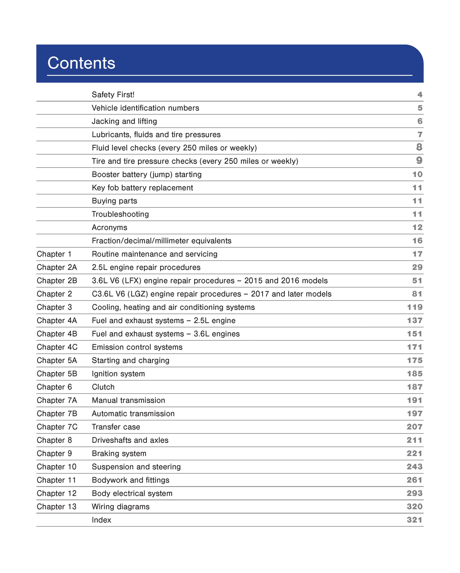 Table of contents for a vehicle maintenance manual on a white background