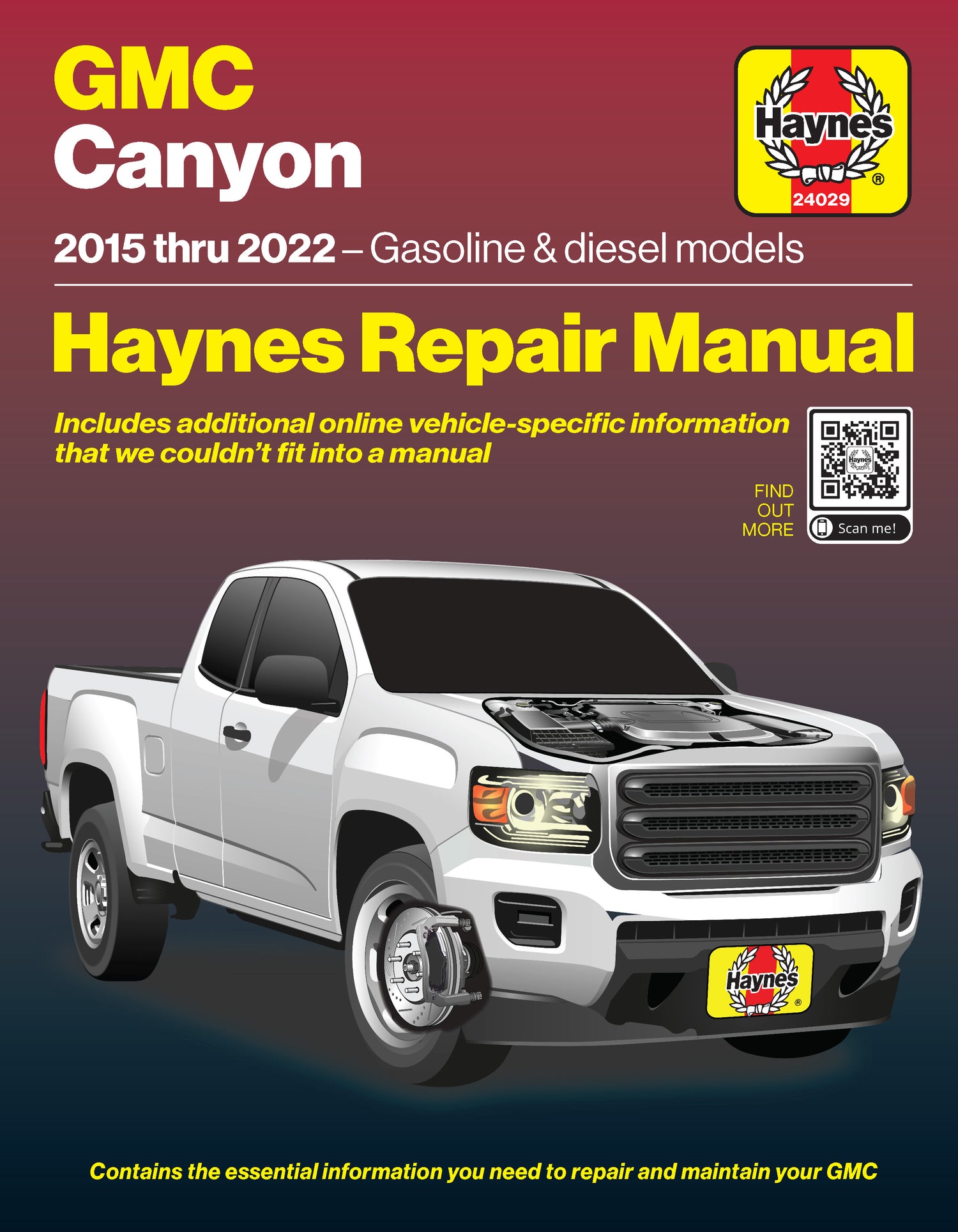 Haynes repair manual cover for GMC Canyon with a white truck on a dark background