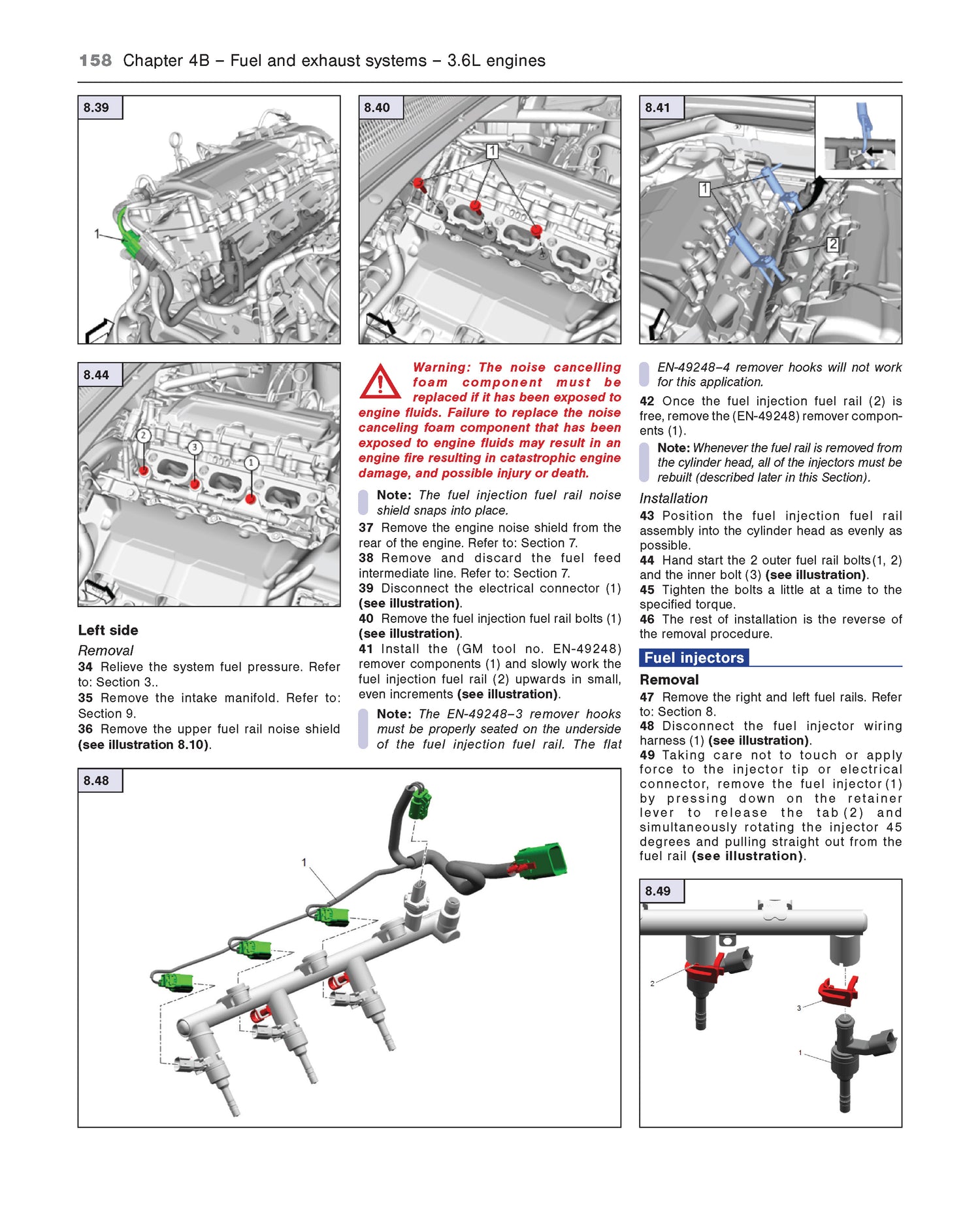 Technical diagram of a fuel and exhaust system for a 3.6L engine, with labeled parts and text instructions.