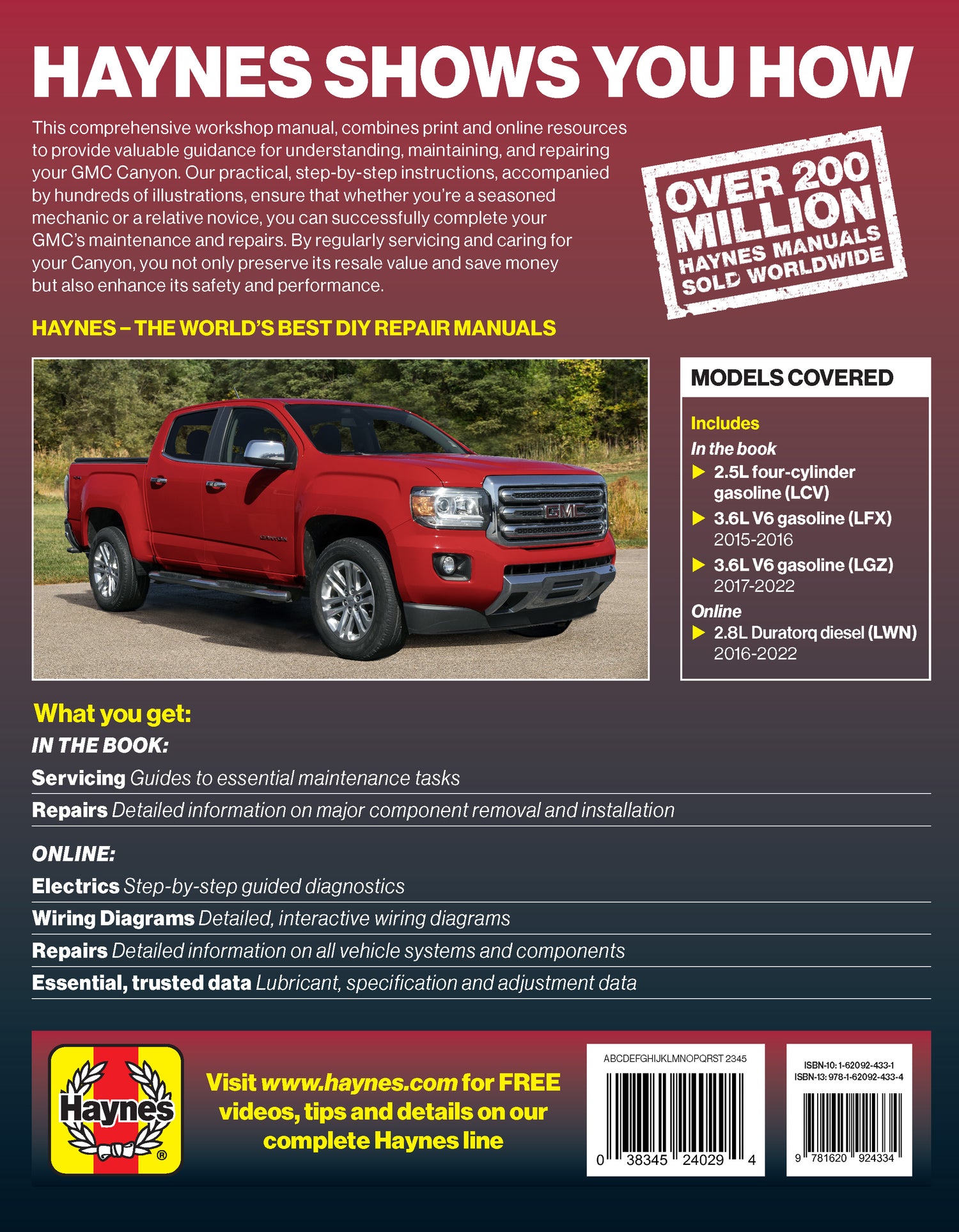 Back cover of a Haynes automotive repair manual with a red pickup truck on a grassy field.