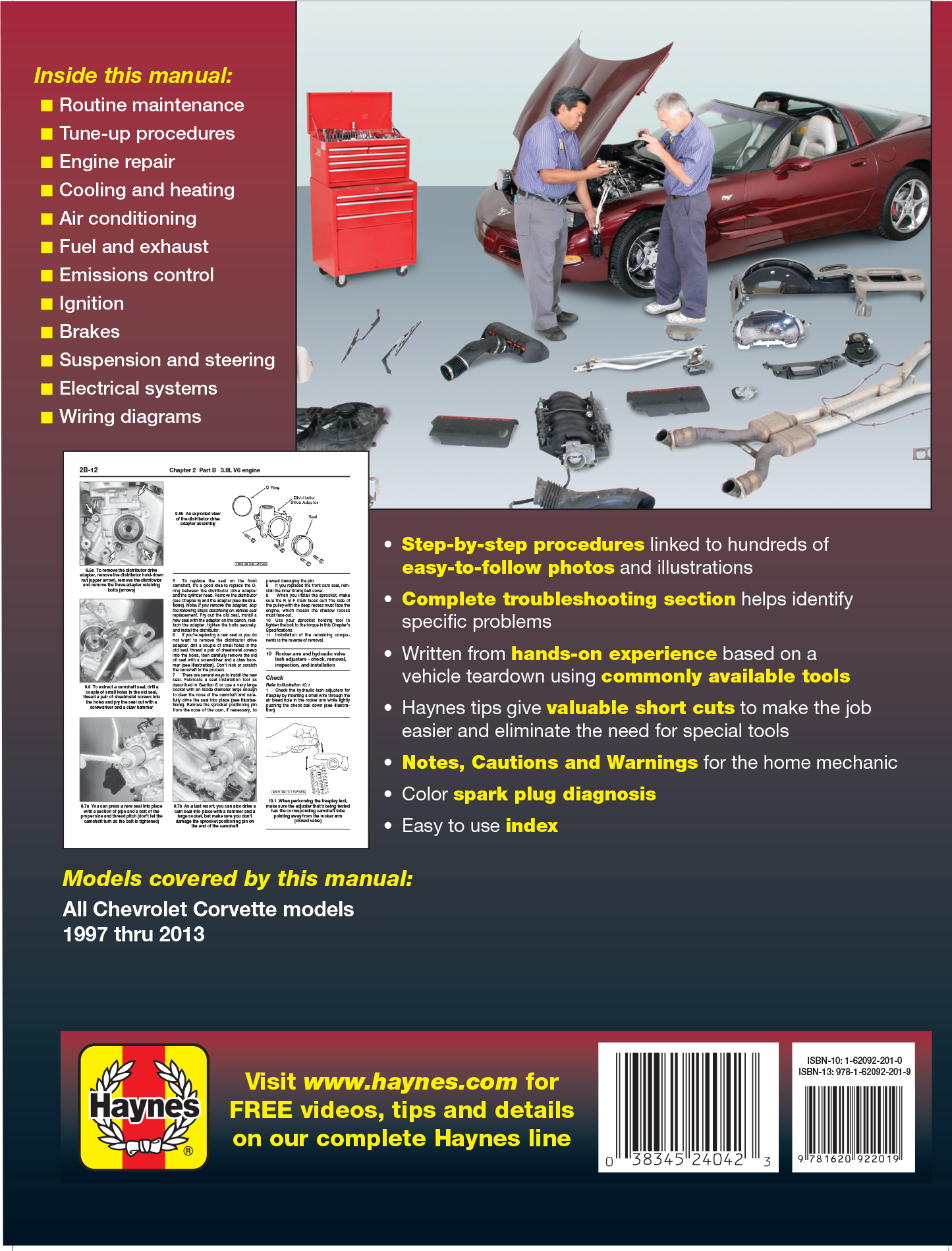 Back cover of a Haynes car repair manual with text and images of tools and a car.