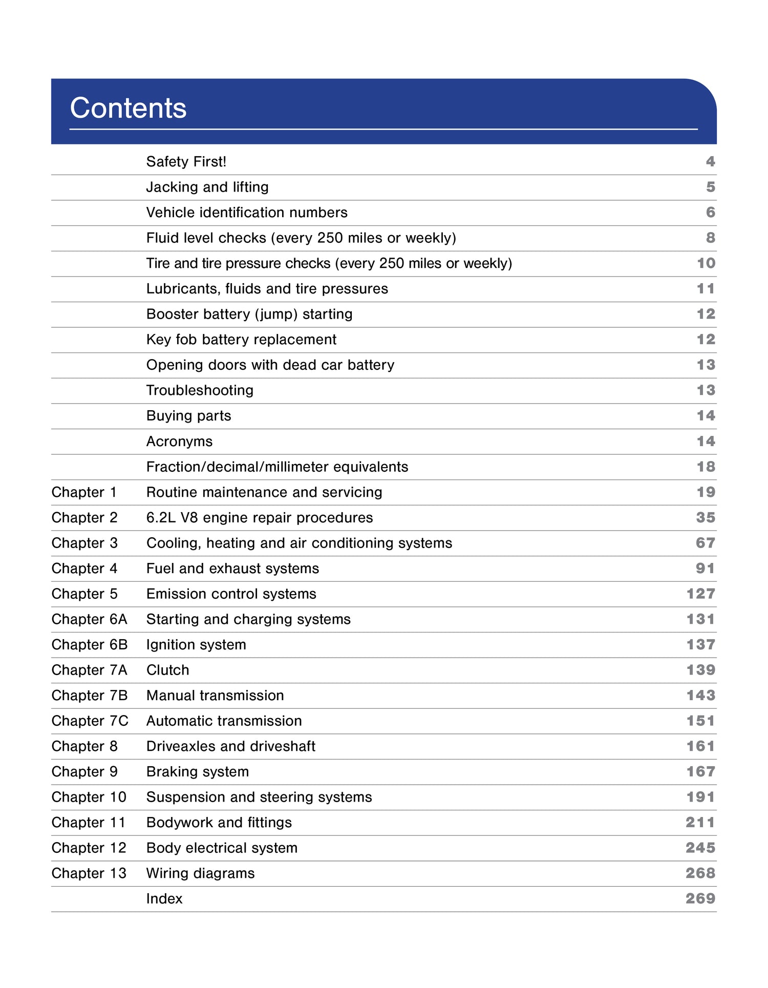 Table of contents for a vehicle maintenance manual on a white background