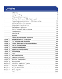 Table of contents for a vehicle maintenance manual on a white background