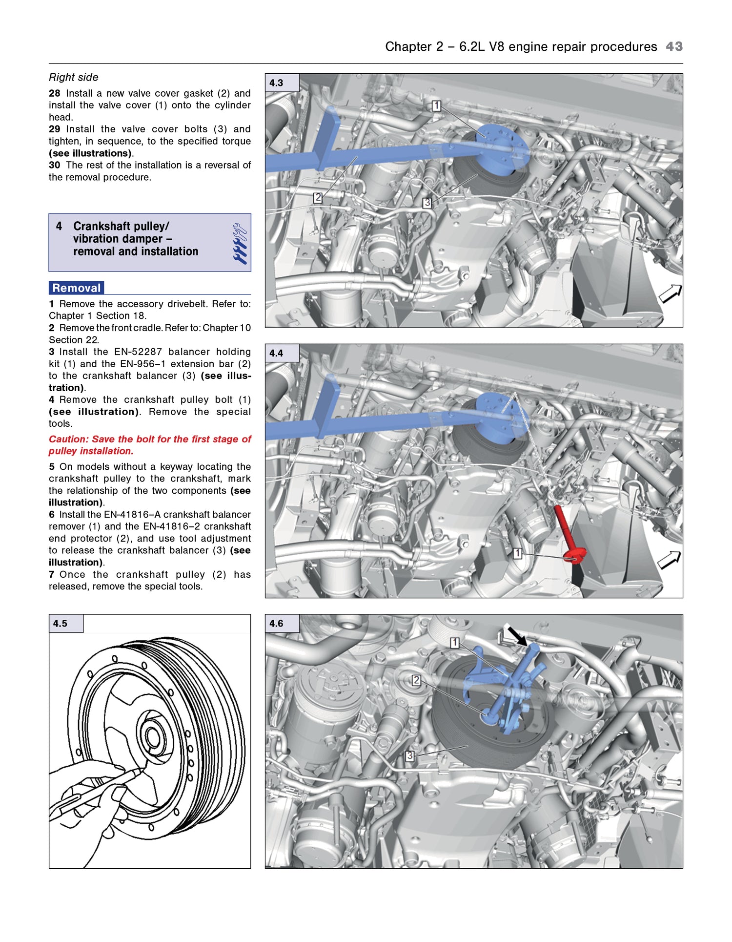Technical diagram of engine repair procedures with labeled parts and text