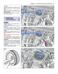 Technical diagram of engine repair procedures with labeled parts and text
