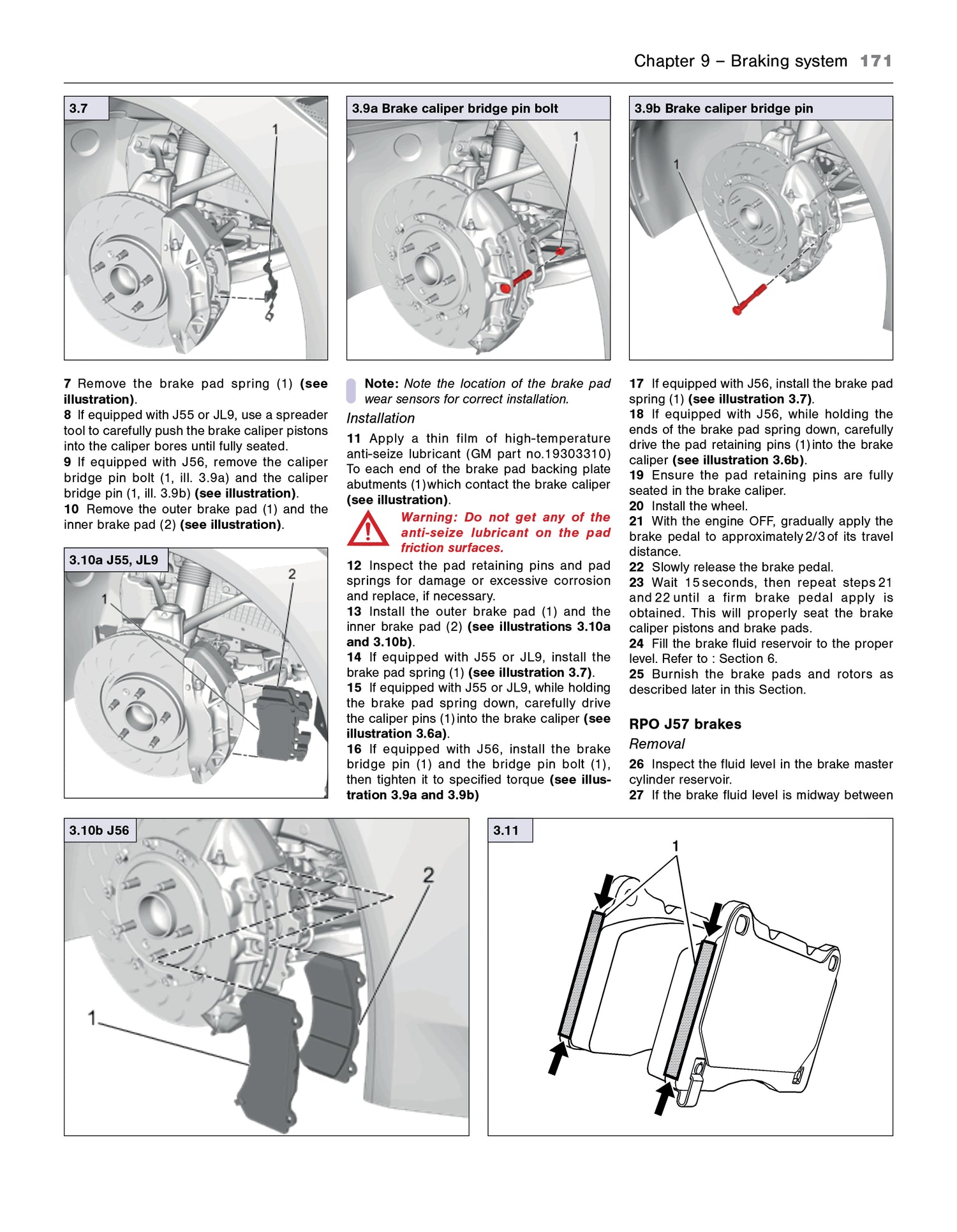 Technical diagram of a brake system with labeled parts and text instructions.