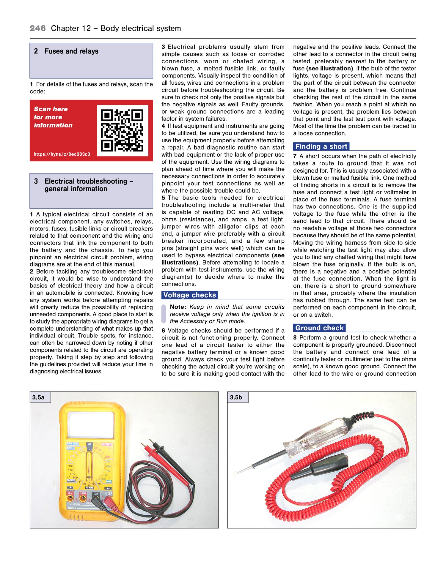 Page from a technical manual on body electrical system with text and images of a multimeter and probes.