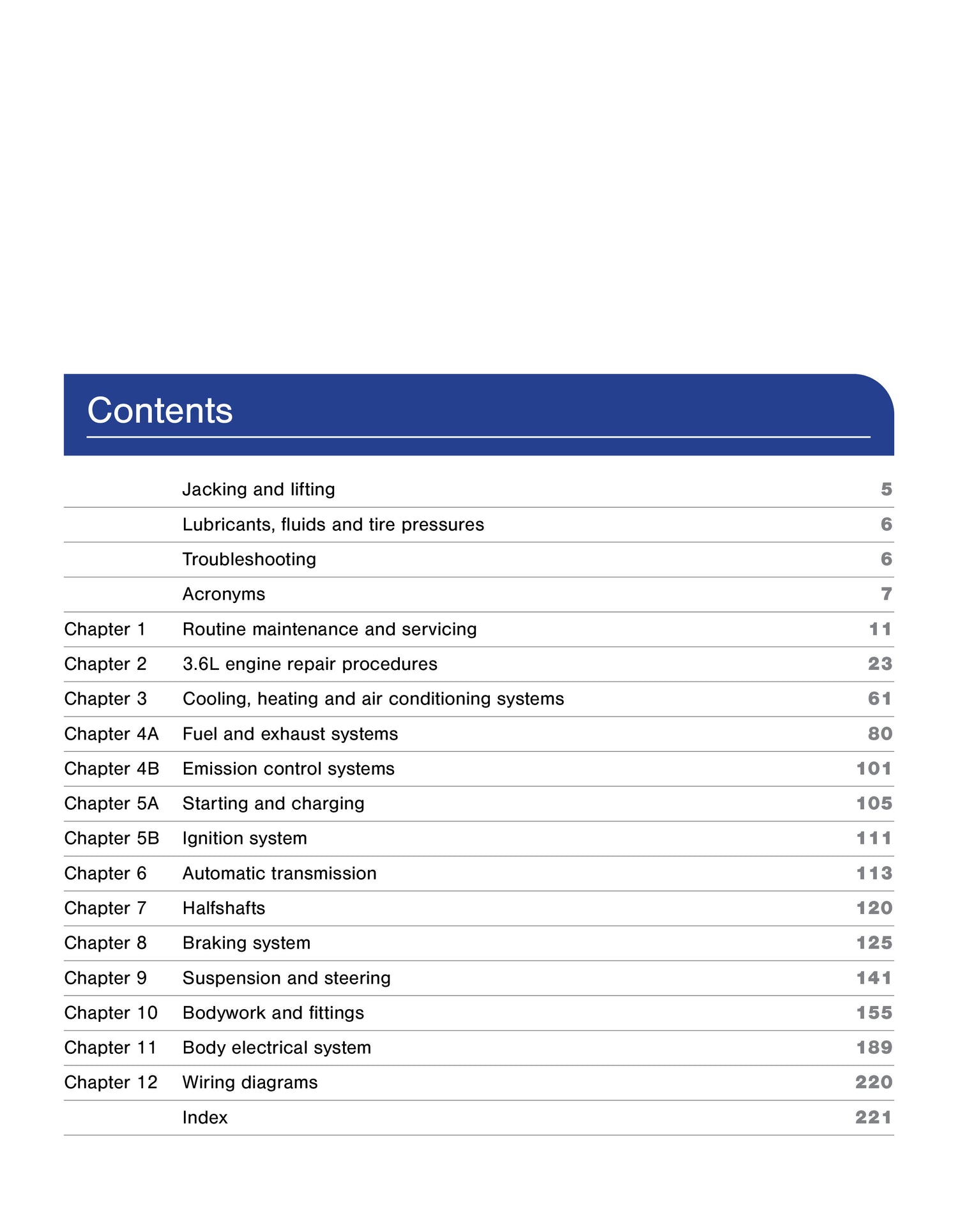 Table of contents for the Chevrolet Impala 2014 2020 Haynes Repair Manual