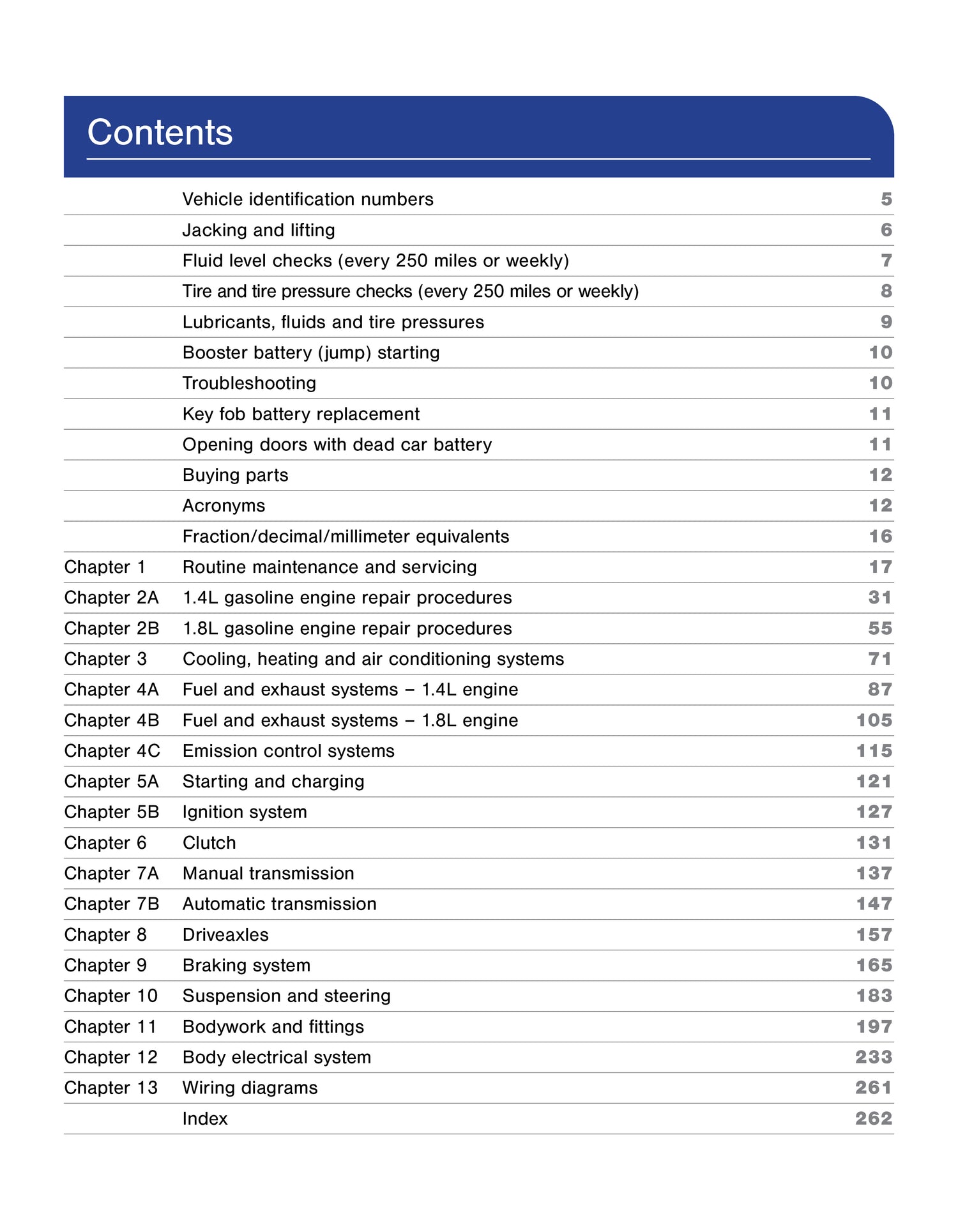 Table of contents for a vehicle maintenance manual on a white background