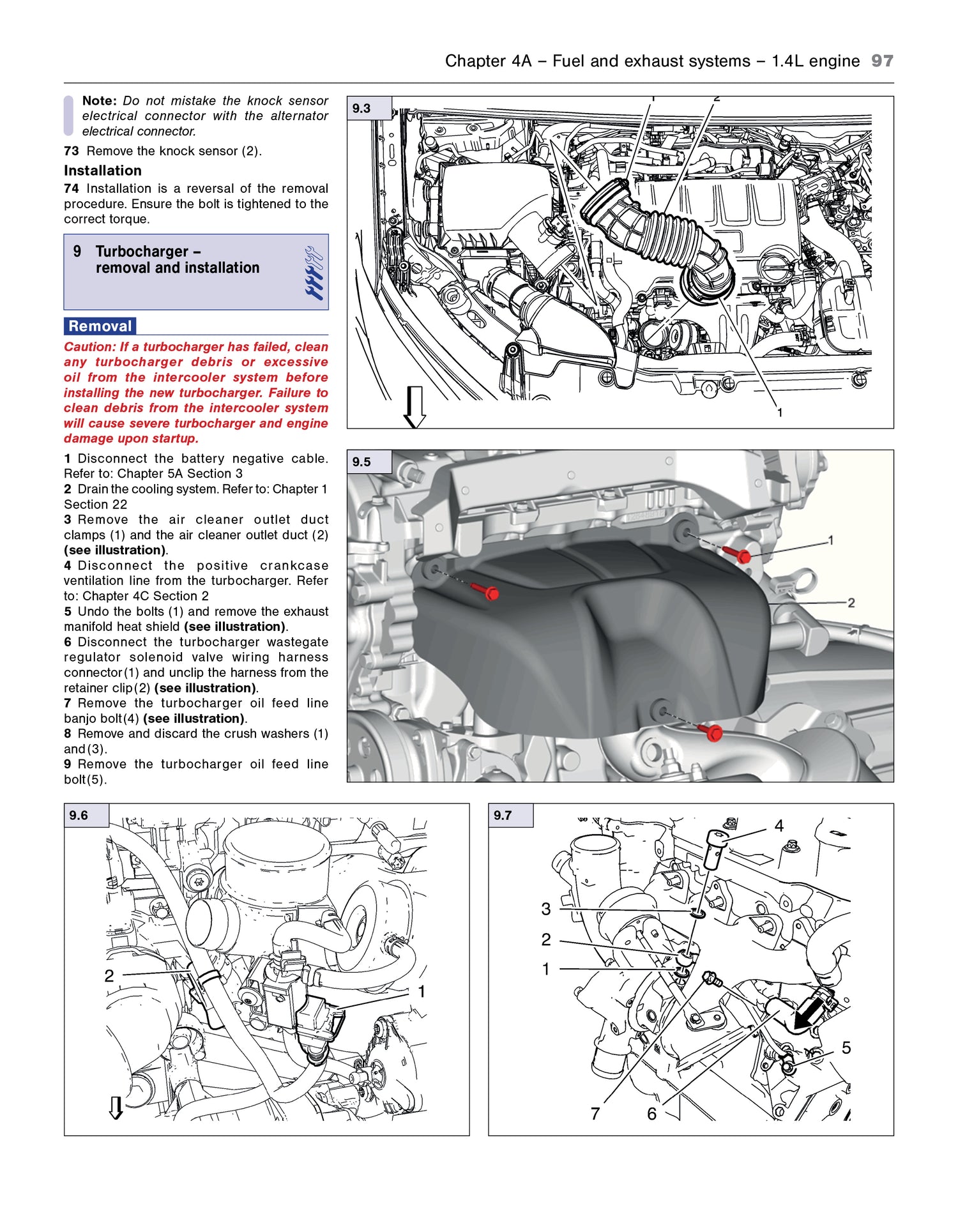 Technical diagram and instructions for removing a turbocharger from an engine, with text and illustrations on a white background.