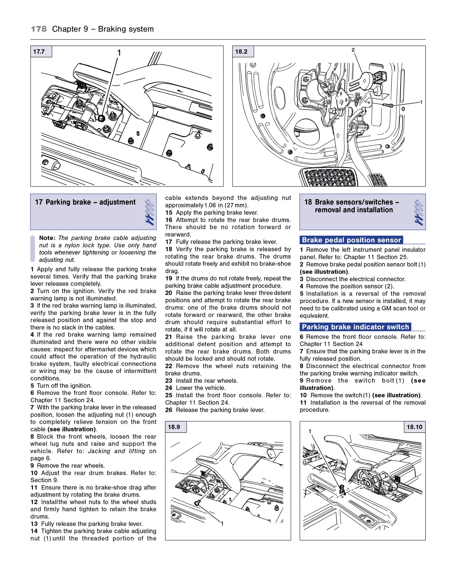 Page from a vehicle maintenance manual with diagrams and text on braking system adjustments.