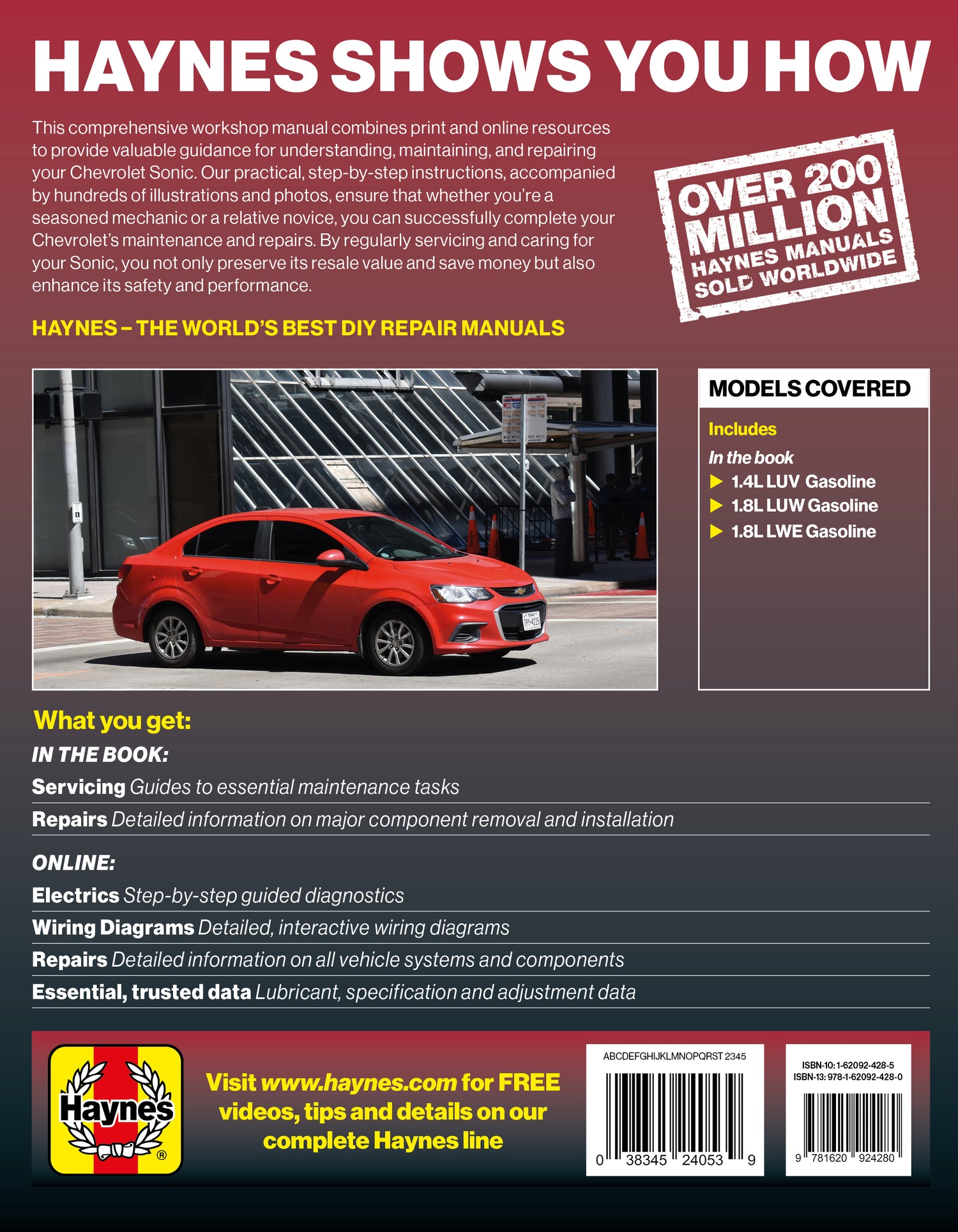 Back cover of a Haynes automotive repair manual with a red car and promotional text.