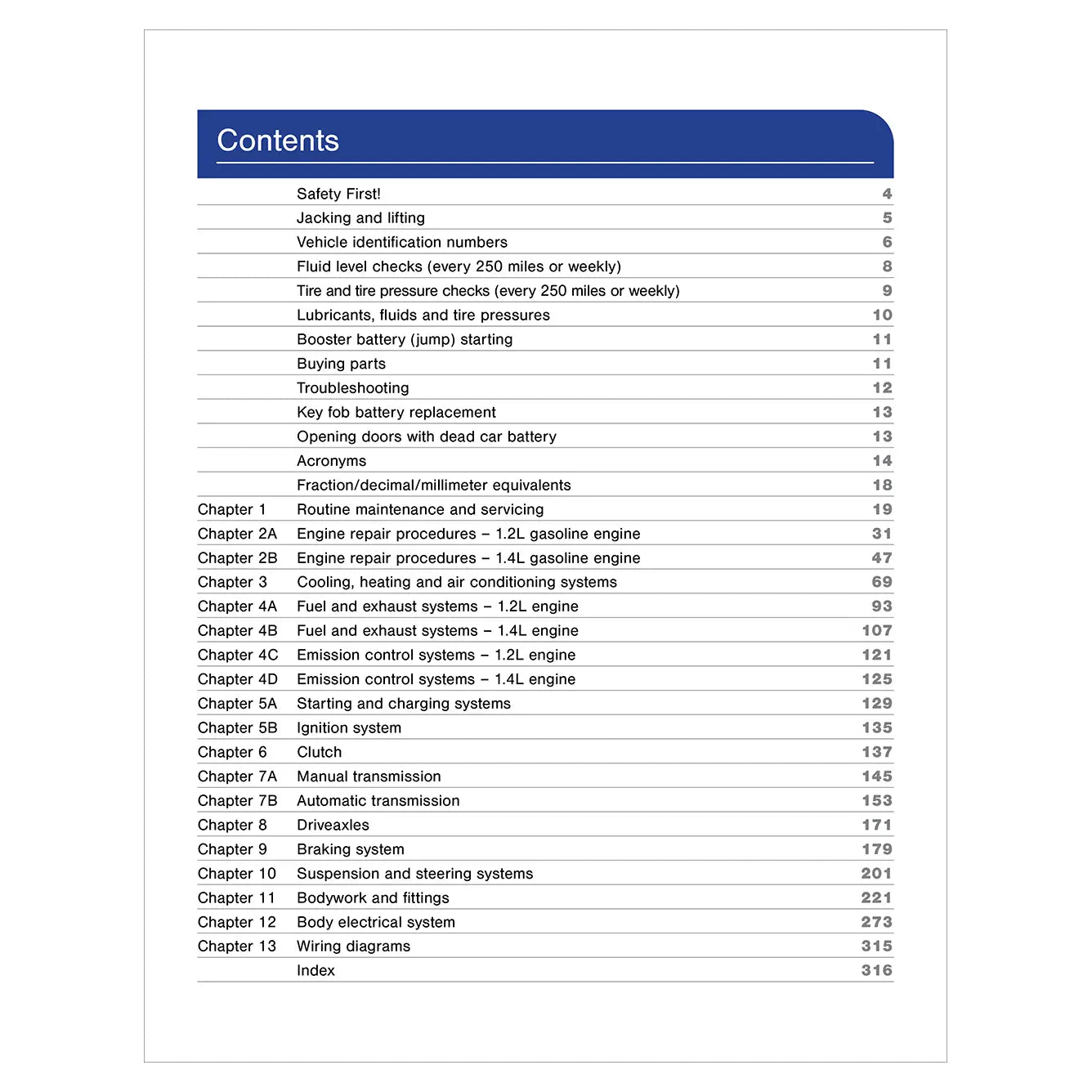 Table of contents for a vehicle maintenance manual on a white background