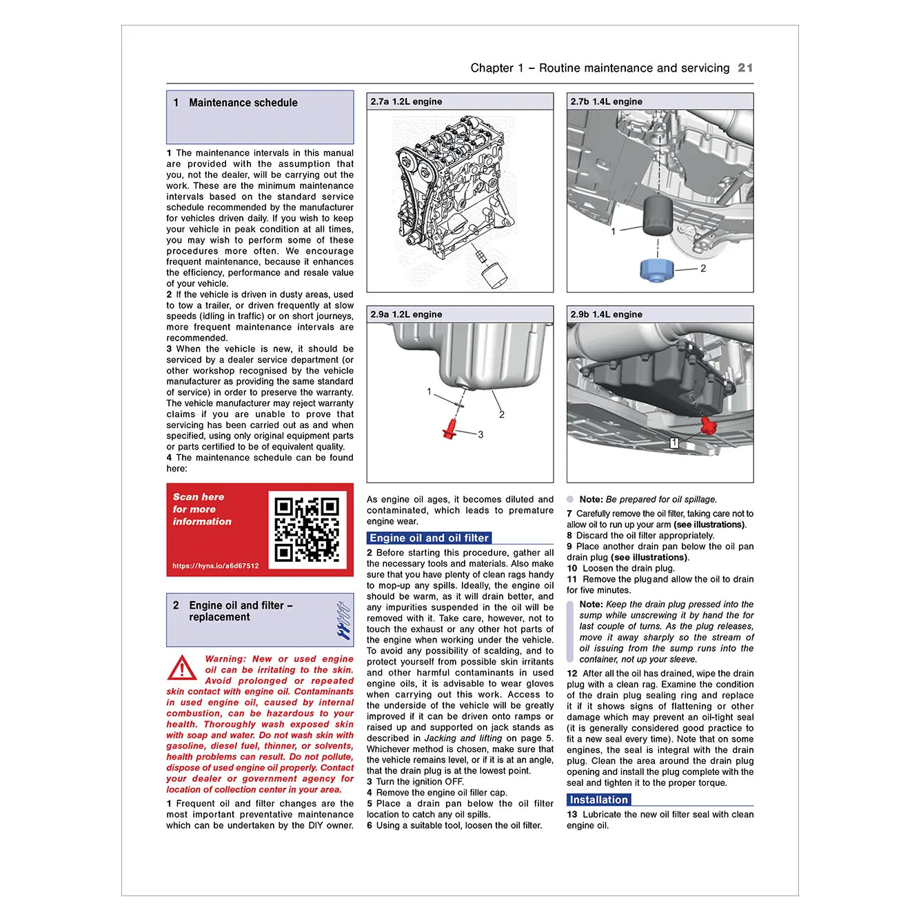 Technical manual with text, diagrams, and QR code on a white background
