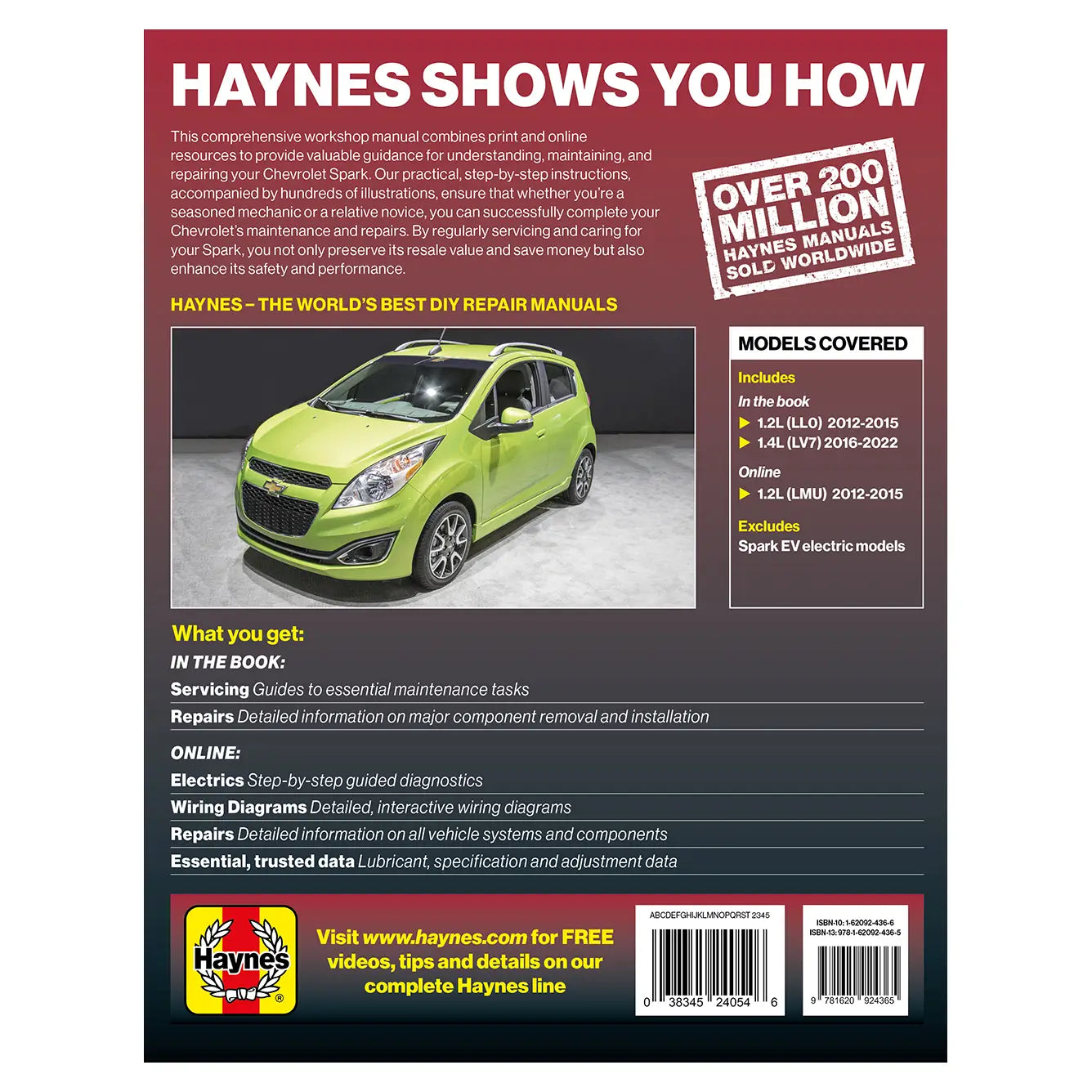 Back cover of a Haynes manual with a green car and text about the manual's features.