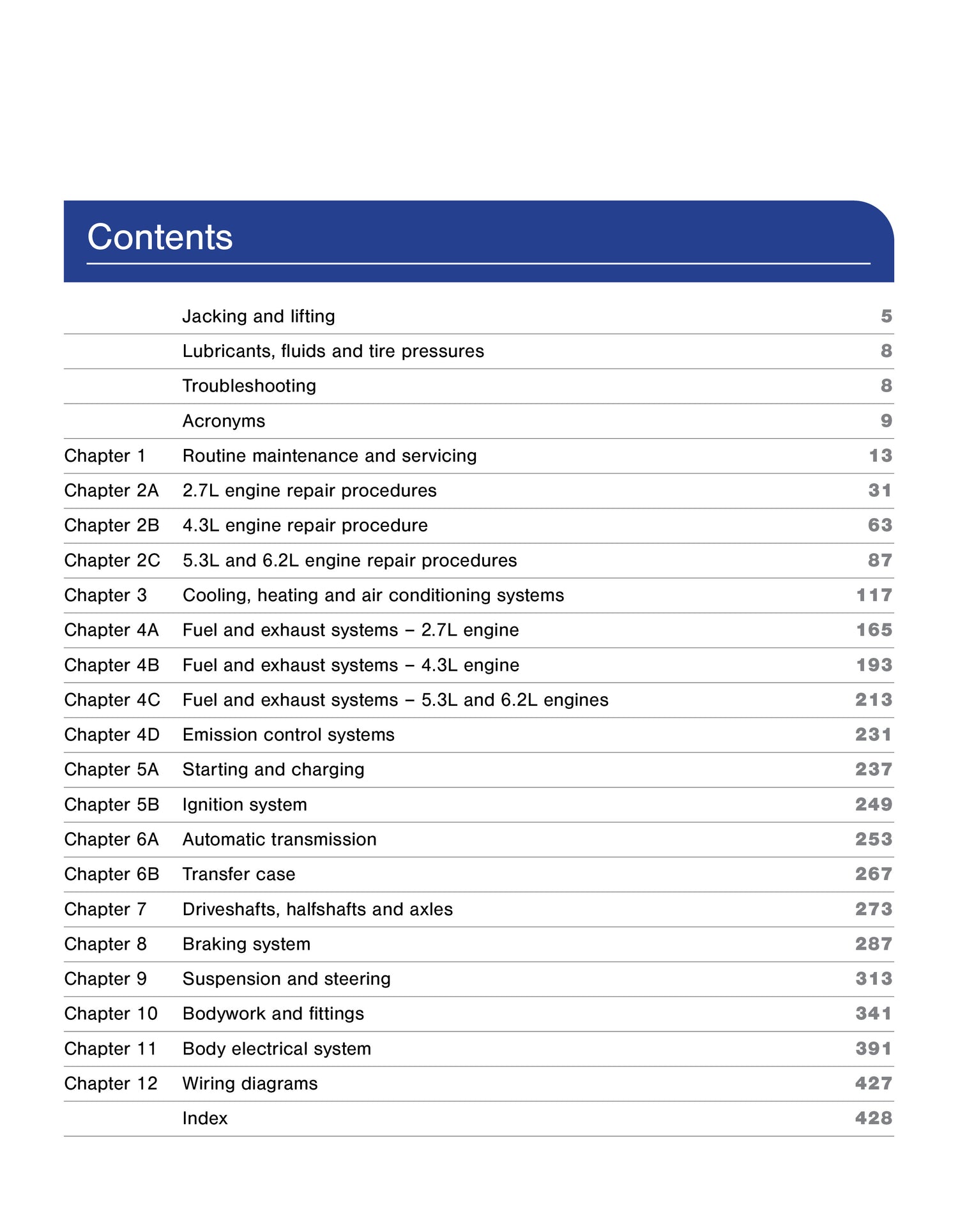 Contents page for the Chevrolet Silverado 1500 2019-2022 Haynes Manual