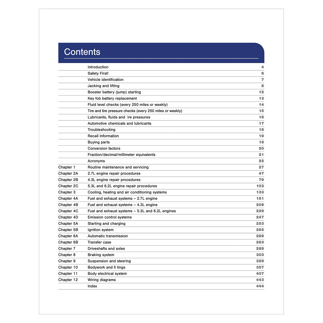 repair manual table of contents page