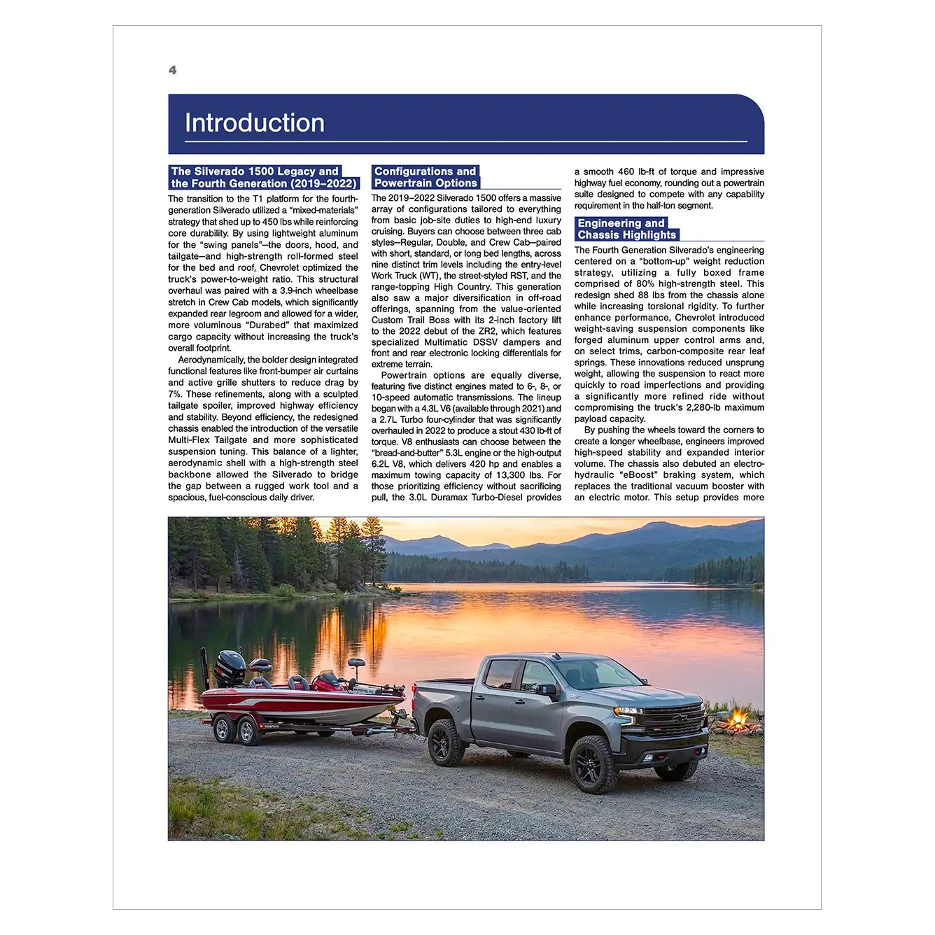 Page from a book or magazine with a truck and boat on a dock at sunset.