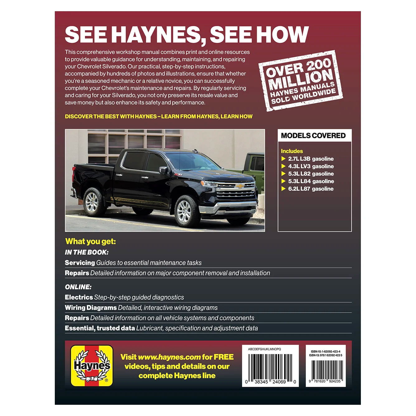 Back cover of a Haynes manual with text and images of a truck.