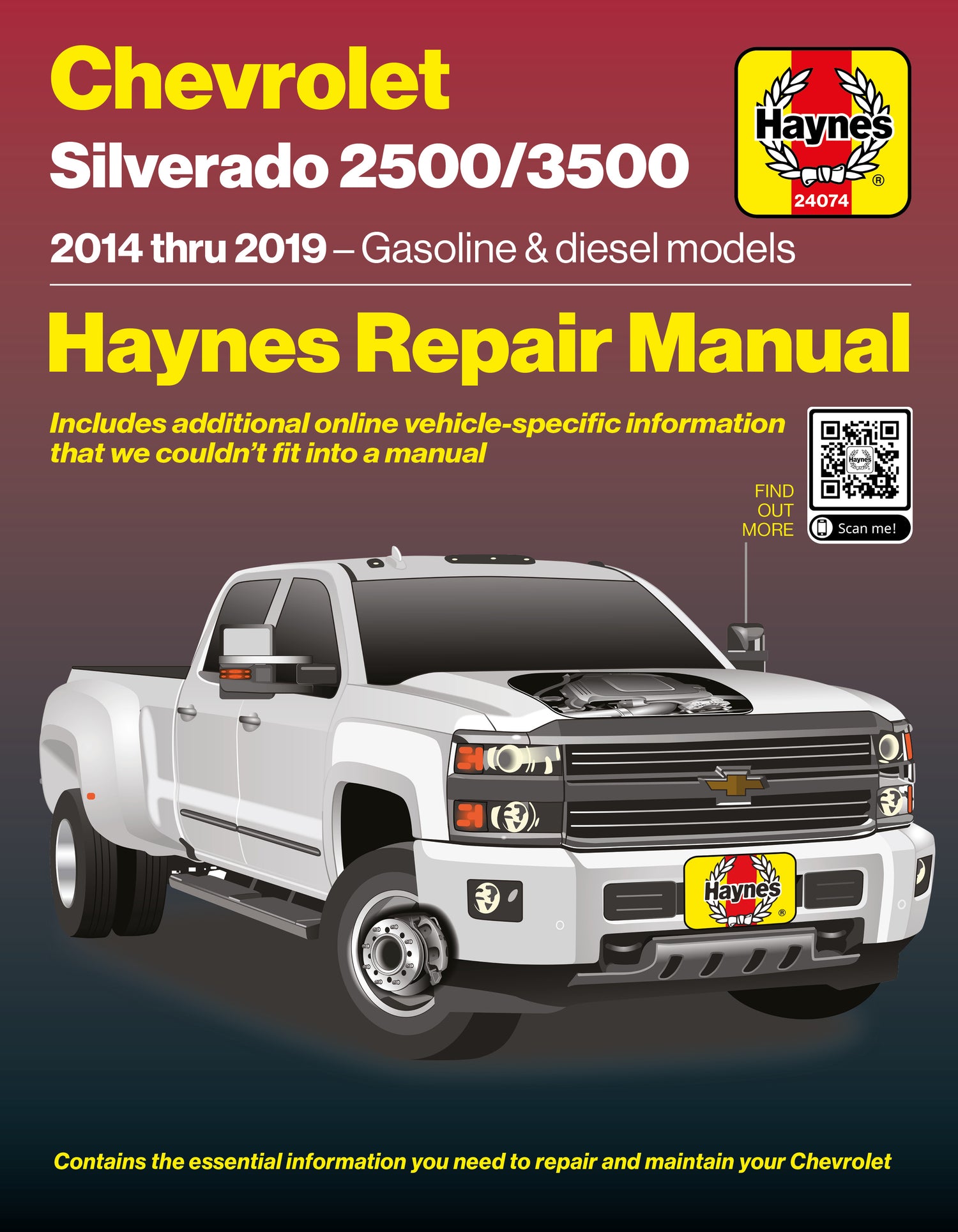 Haynes repair manual cover for Chevrolet Silverado 2500/3500 2014-2019 with a white truck on a dark background