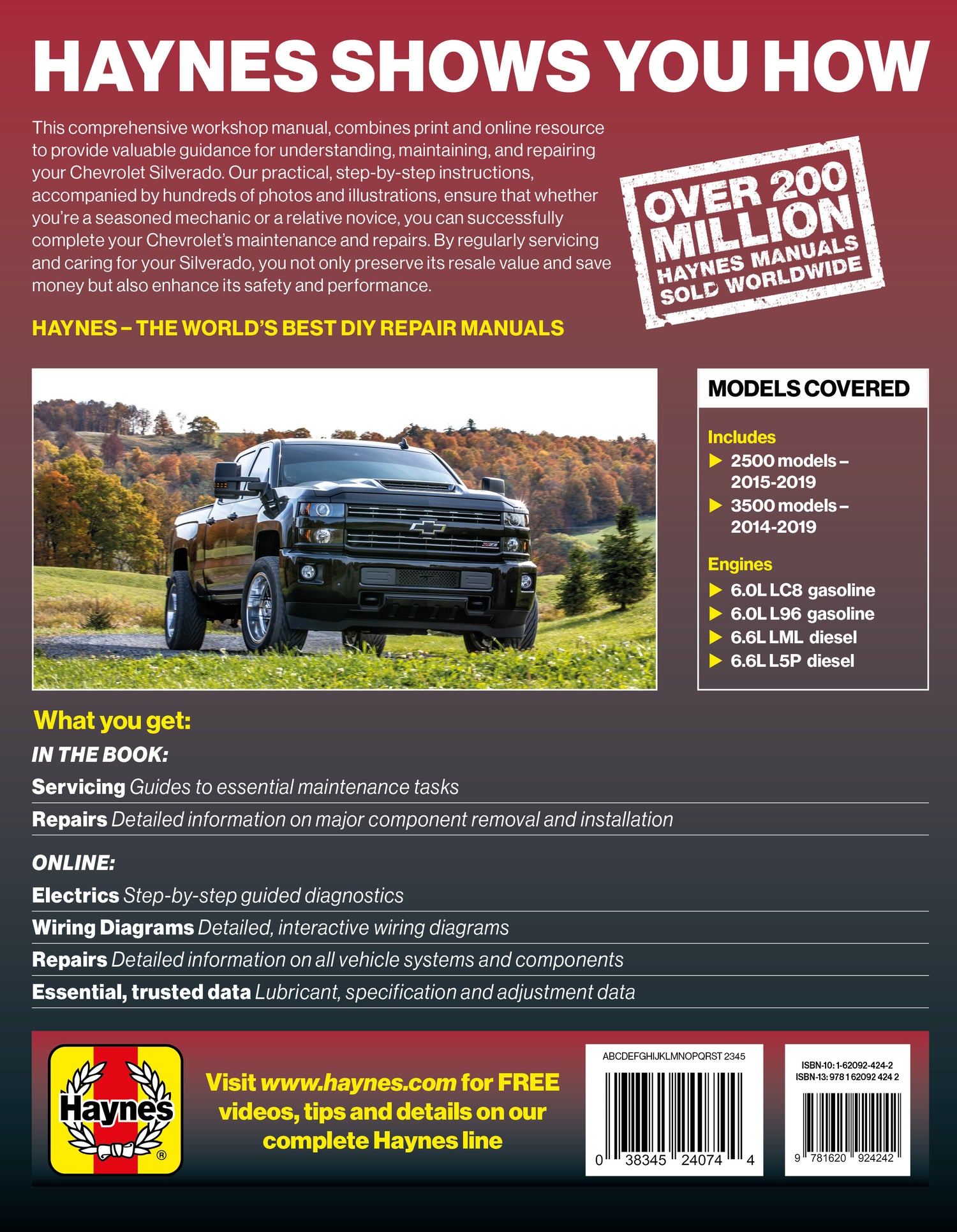 Back cover of a Haynes automotive repair manual with a truck image and product details. Chevrolet Silverado 2500/3500 2014-2019