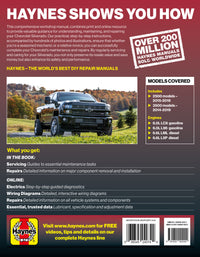 Back cover of a Haynes automotive repair manual with a truck image and product details. Chevrolet Silverado 2500/3500 2014-2019