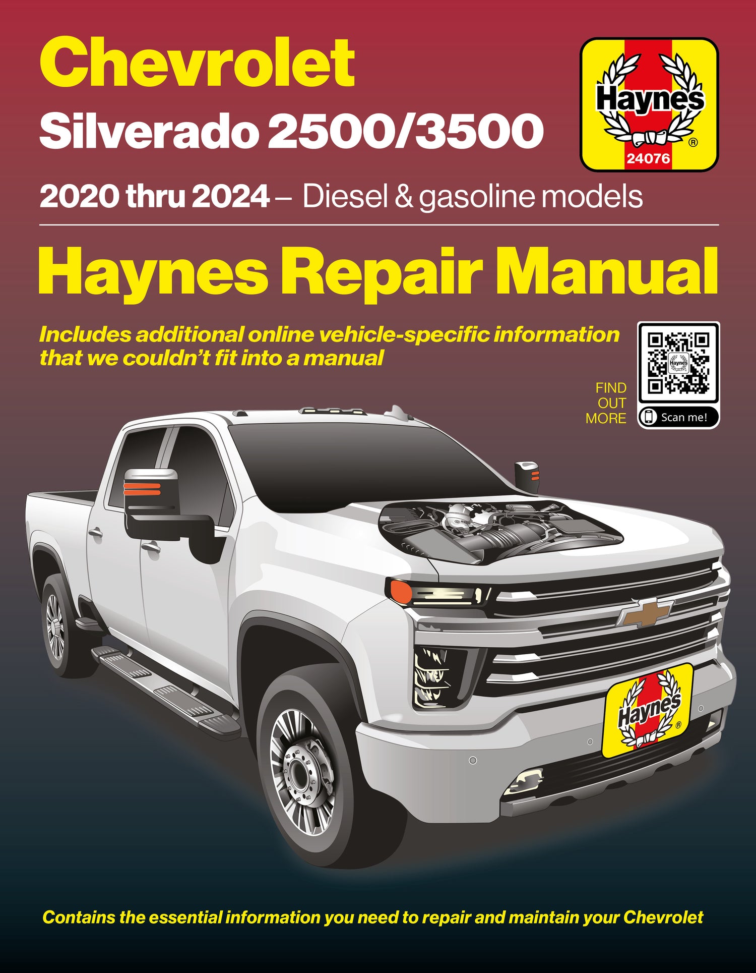 Haynes repair manual cover for Chevrolet Silverado 2500/3500 2020 thru 2024 with a white truck on a red background.