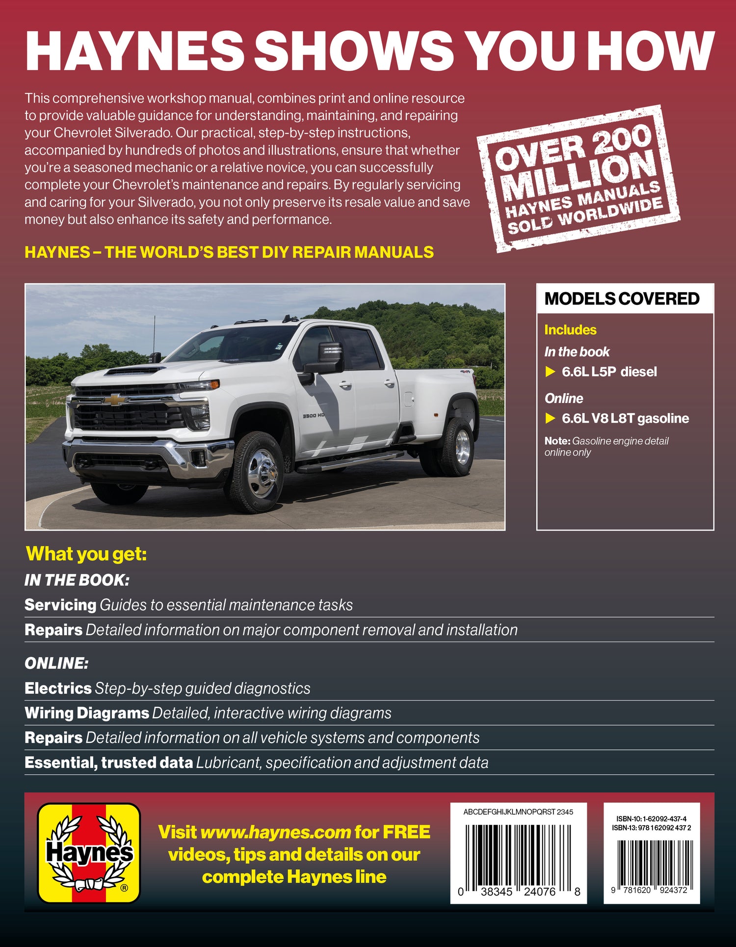 Back cover of a Haynes manual with a white pickup truck. Chevrolet Silverado 2500/3500 2020 thru 2024 