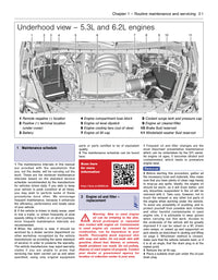 Maintenance manual page for 5.3L and 6.2L engines with an underhood diagram and QR code.