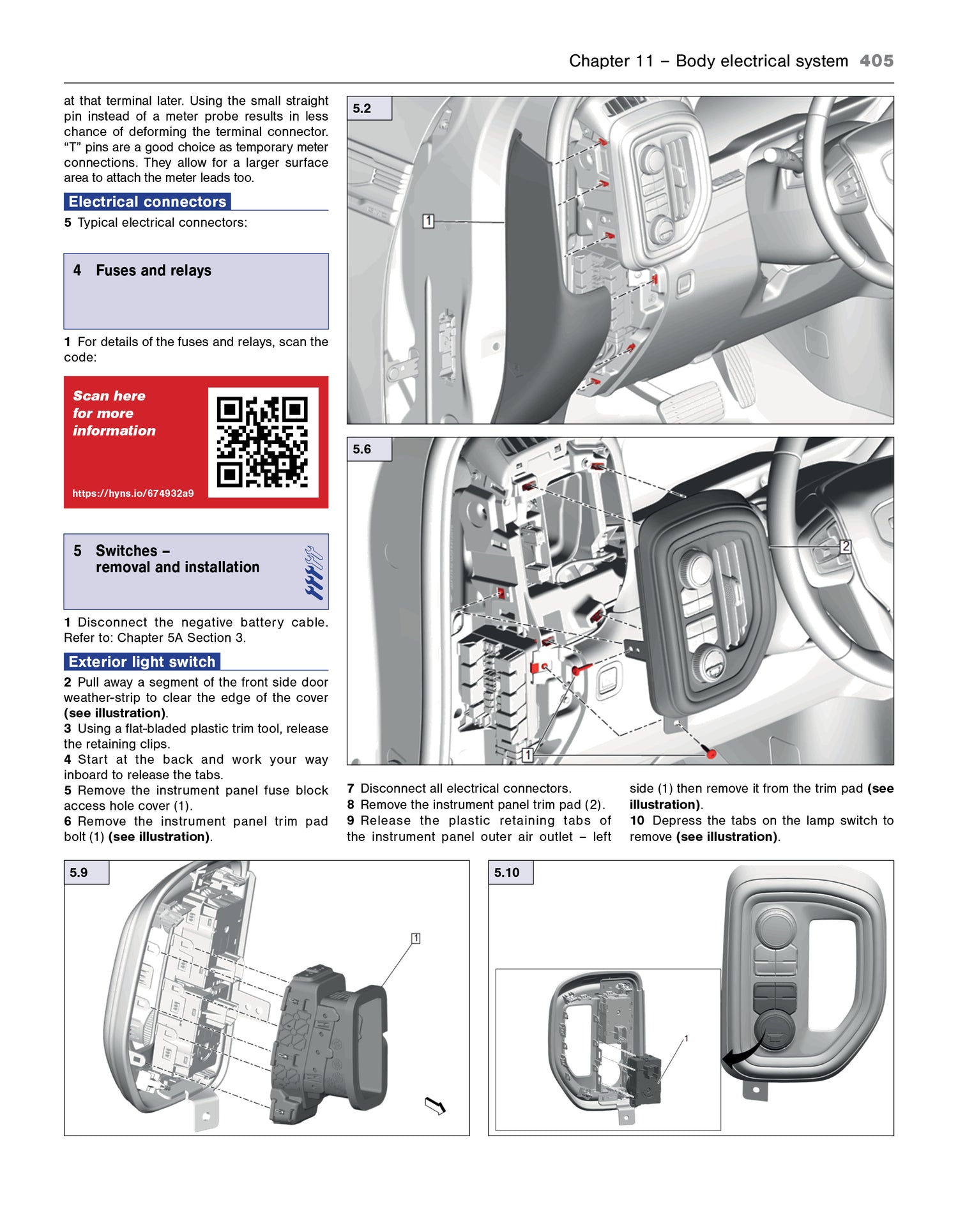 Technical manual page with illustrations and text on a car's electrical system