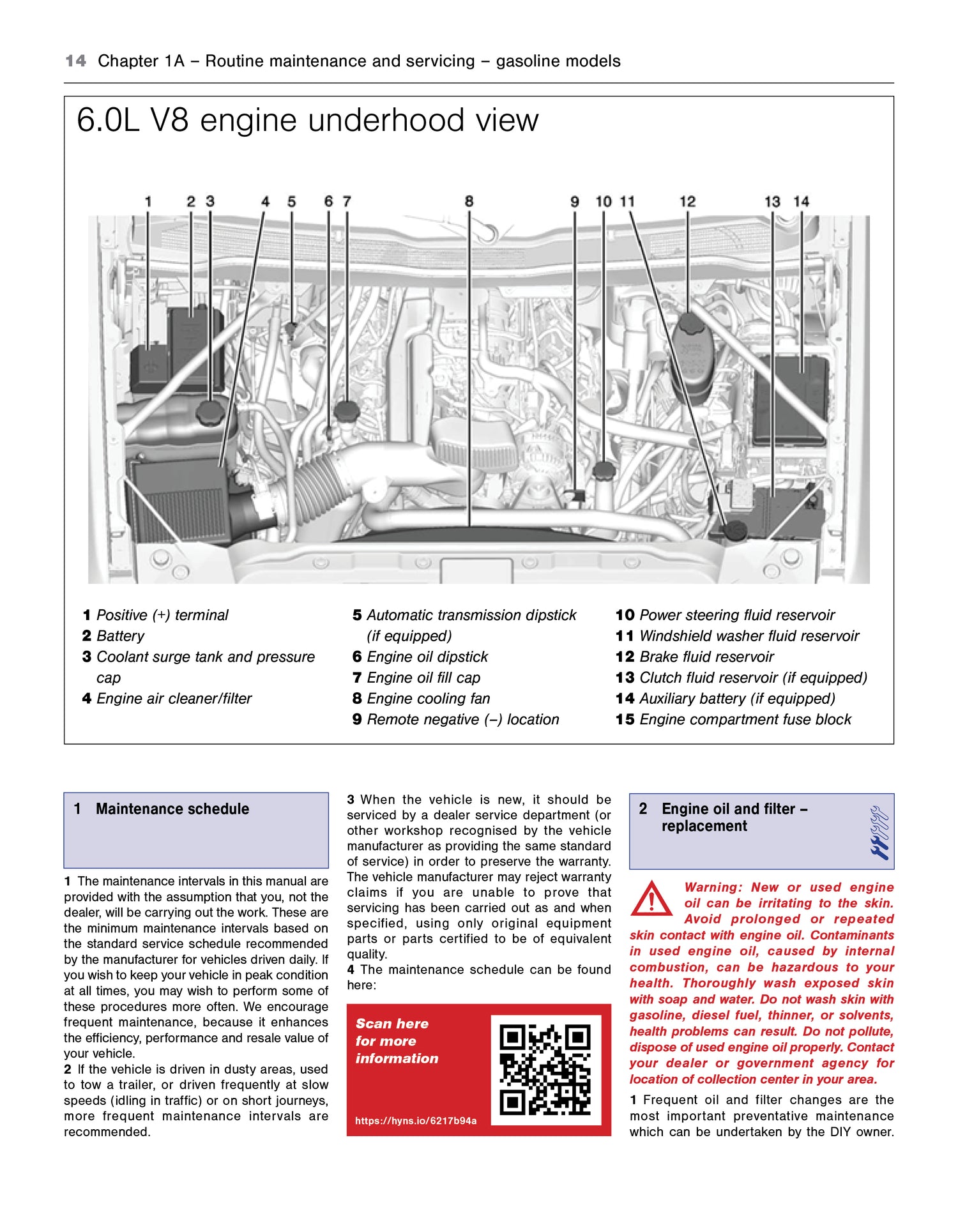 Technical diagram of a 6.0L V8 engine underhood view with labeled components and maintenance schedule.