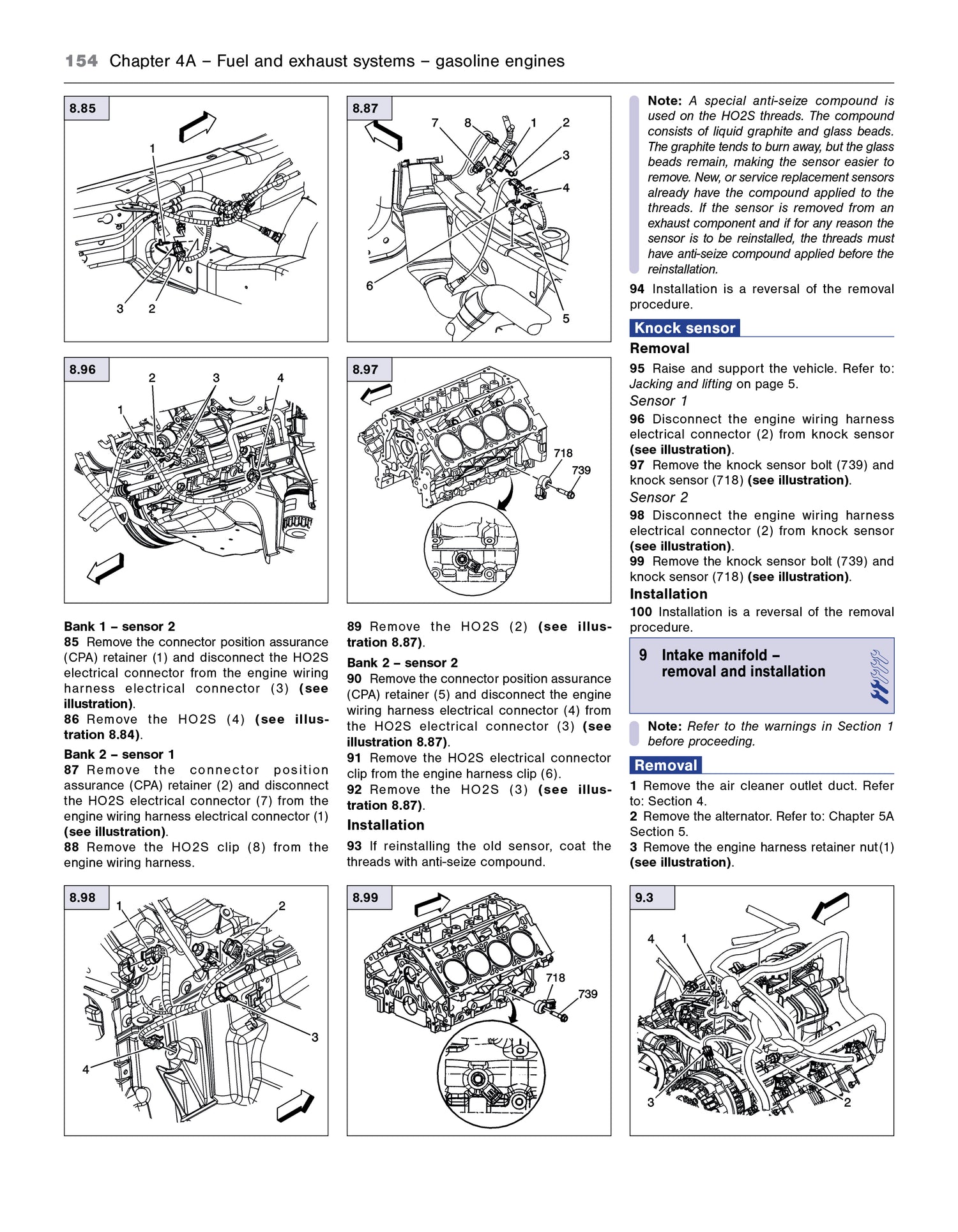 Technical diagram of a fuel and exhaust system for gasoline engines, likely from a vehicle repair manual.